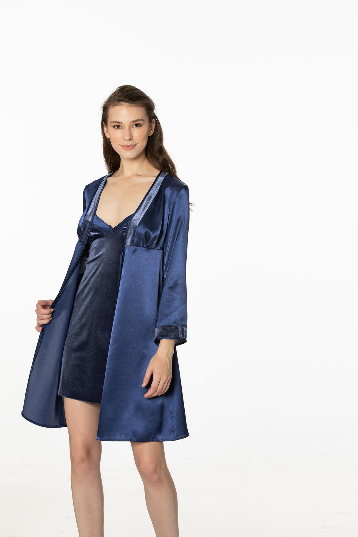 Pierre Cardin Kadife Saten Kadın Gecelik Ve Sabahlık Takımı - 4040 Lacivert