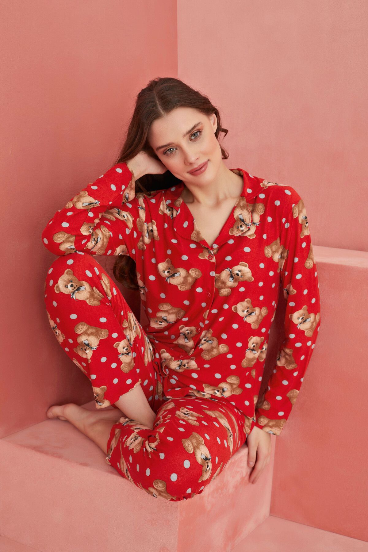 ELİTOL-Red Bear Patterned Front Buttoned Suede Pajama Set 1