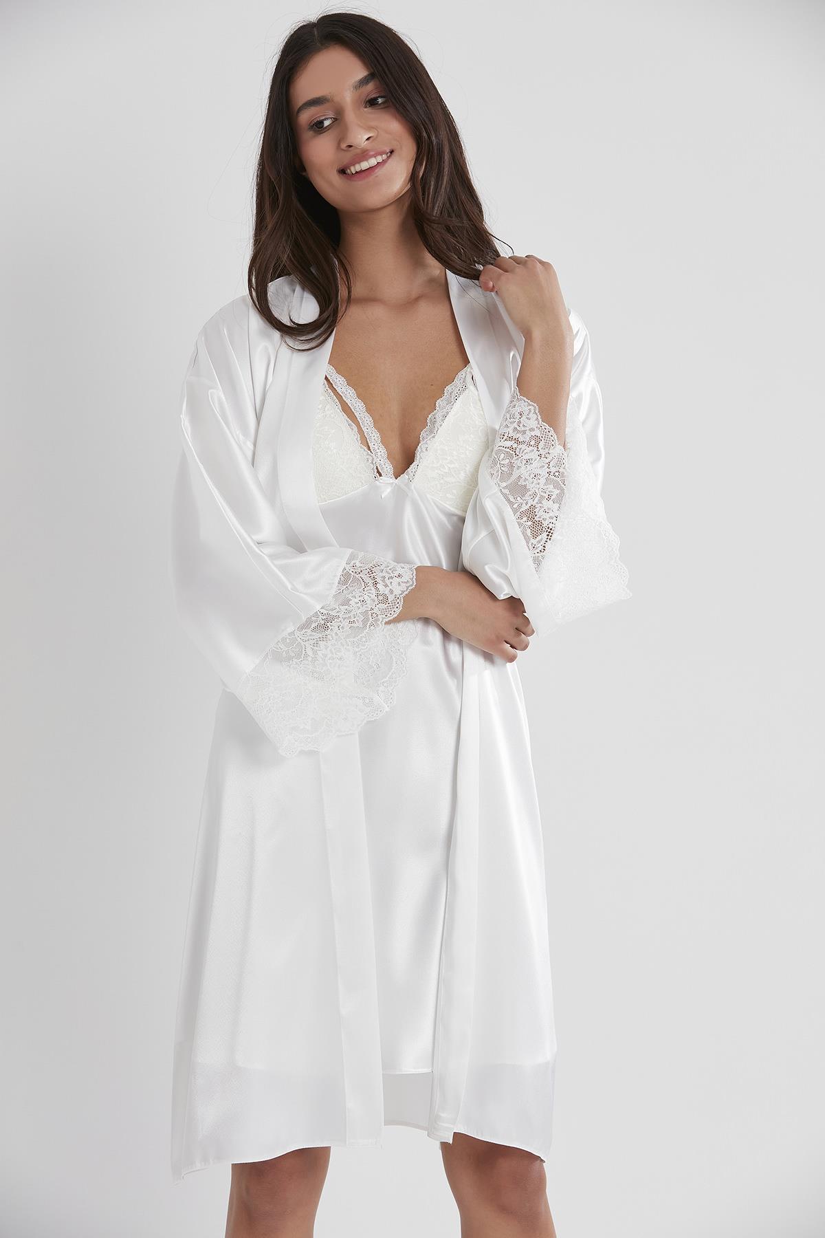 Pierre Cardin Saten Dantelli Kadın Gecelik Ve Sabahlık Takımı - 4250 Ekru