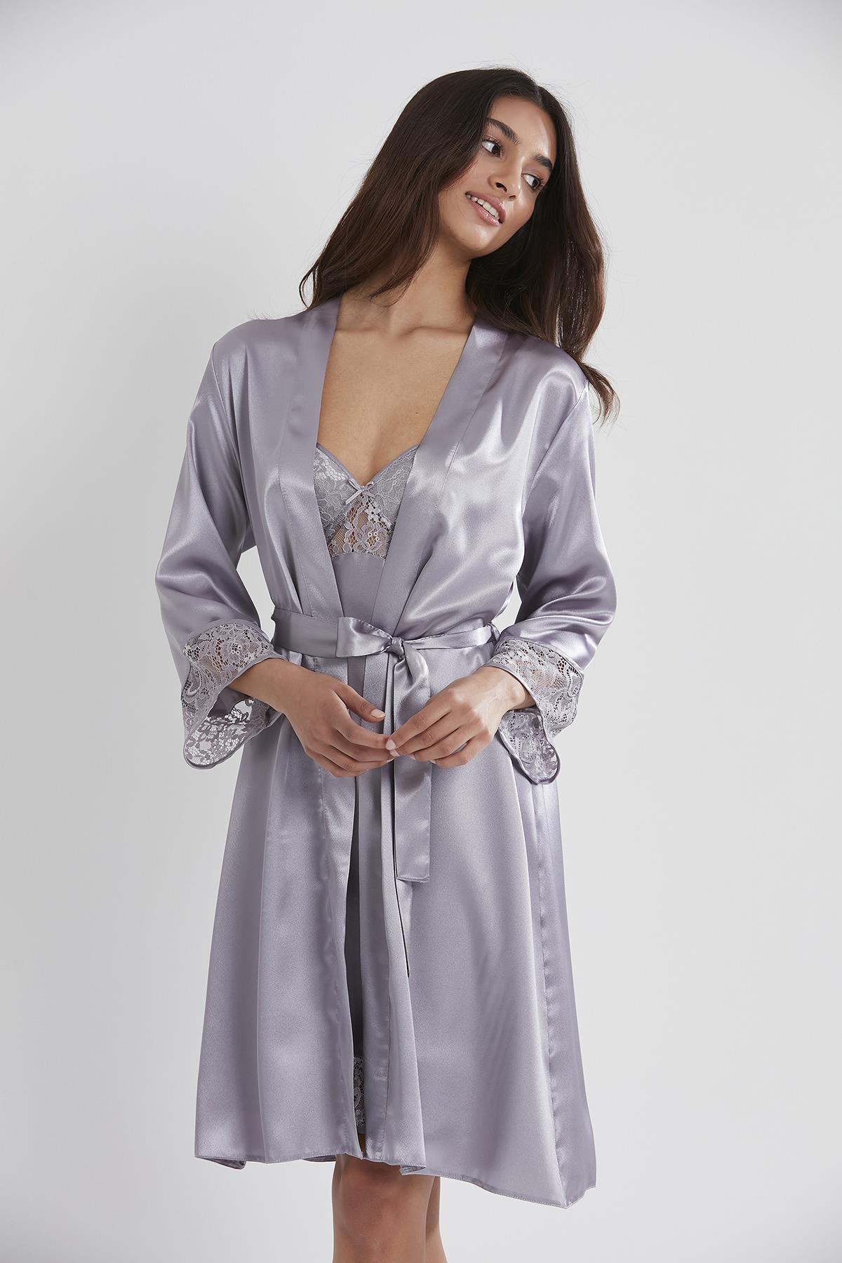 Pierre Cardin Saten Dantelli Kadın Gecelik Ve Sabahlık Takımı - 4075 Royal