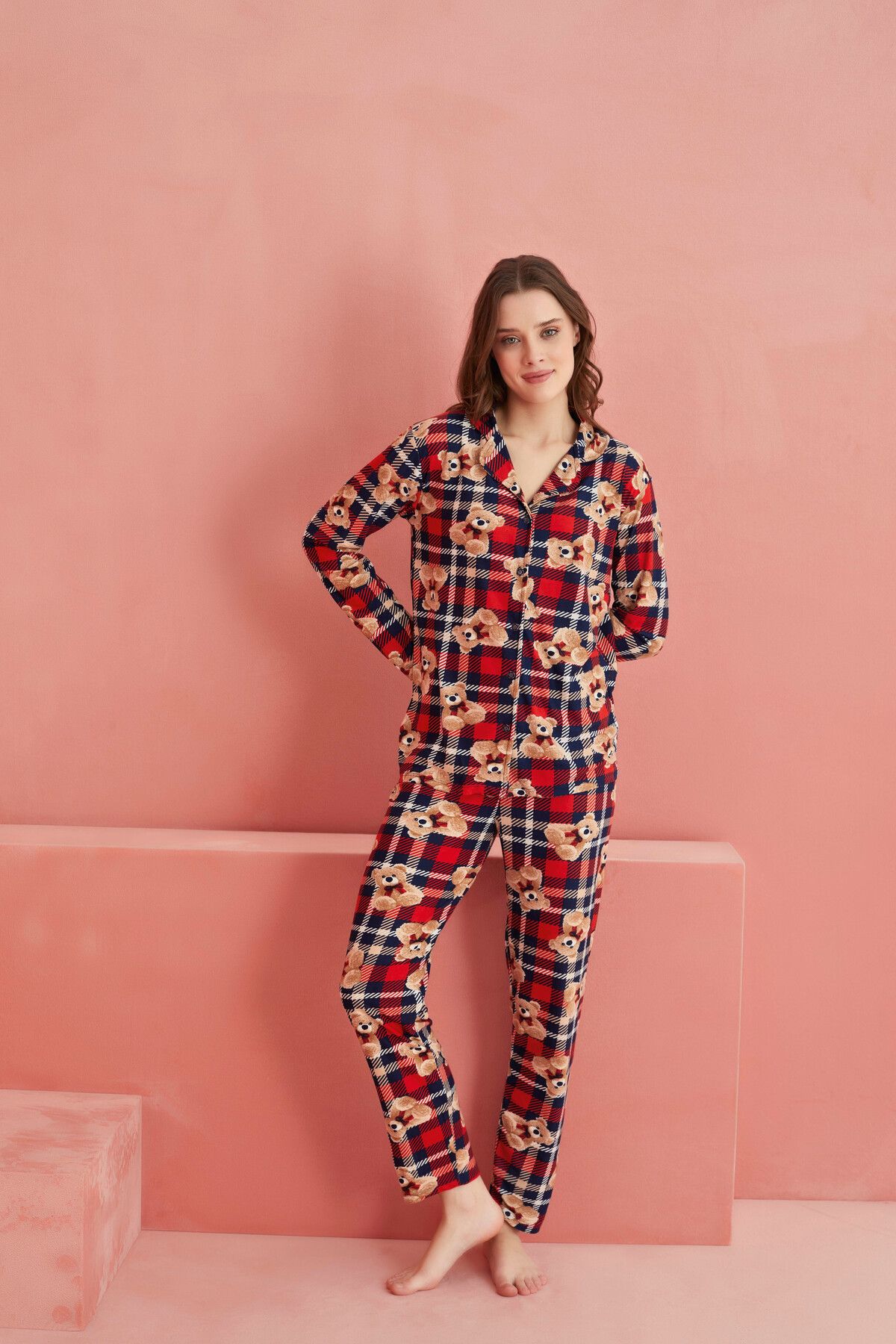 ELİTOL-Red Plaid Bear Patterned Front Buttoned Suede Pajama Set 2