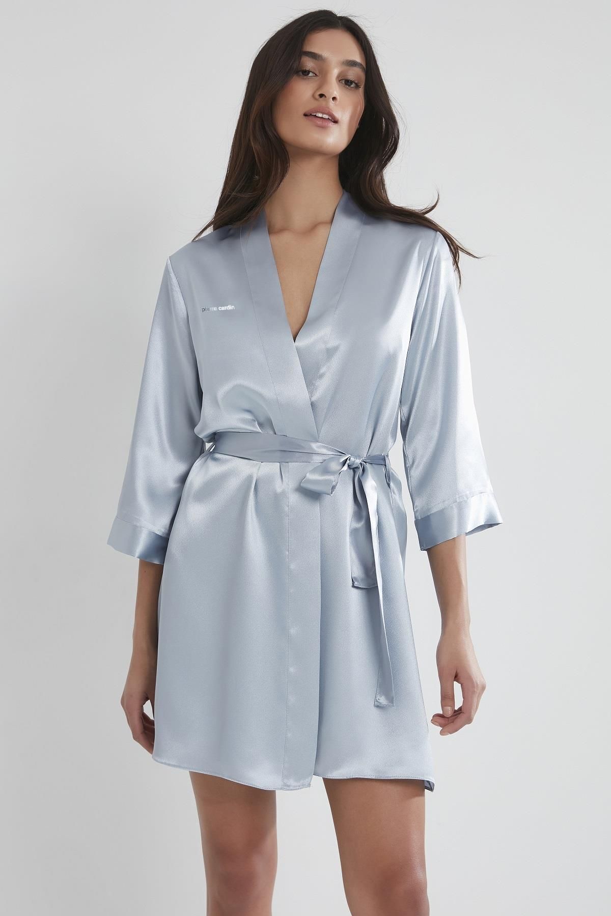 Pierre Cardin-1010 Model Satin Short Single Dressing Gown - Powder Mist 1