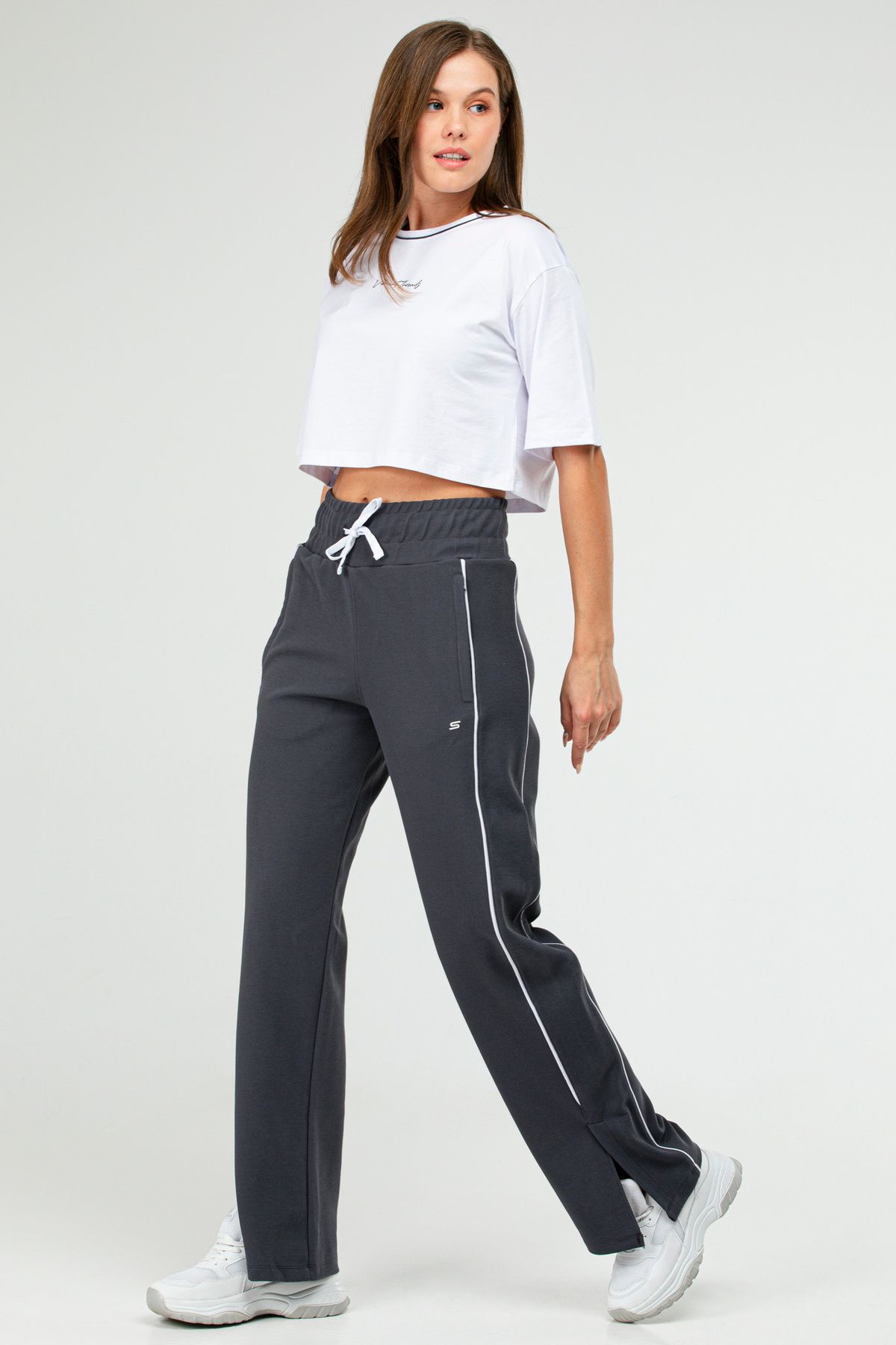 speedlife-Oversize White Smoked Women's Tracksuit Set - 100% Cotton, O Collar, Wide Leg Sb0893 1