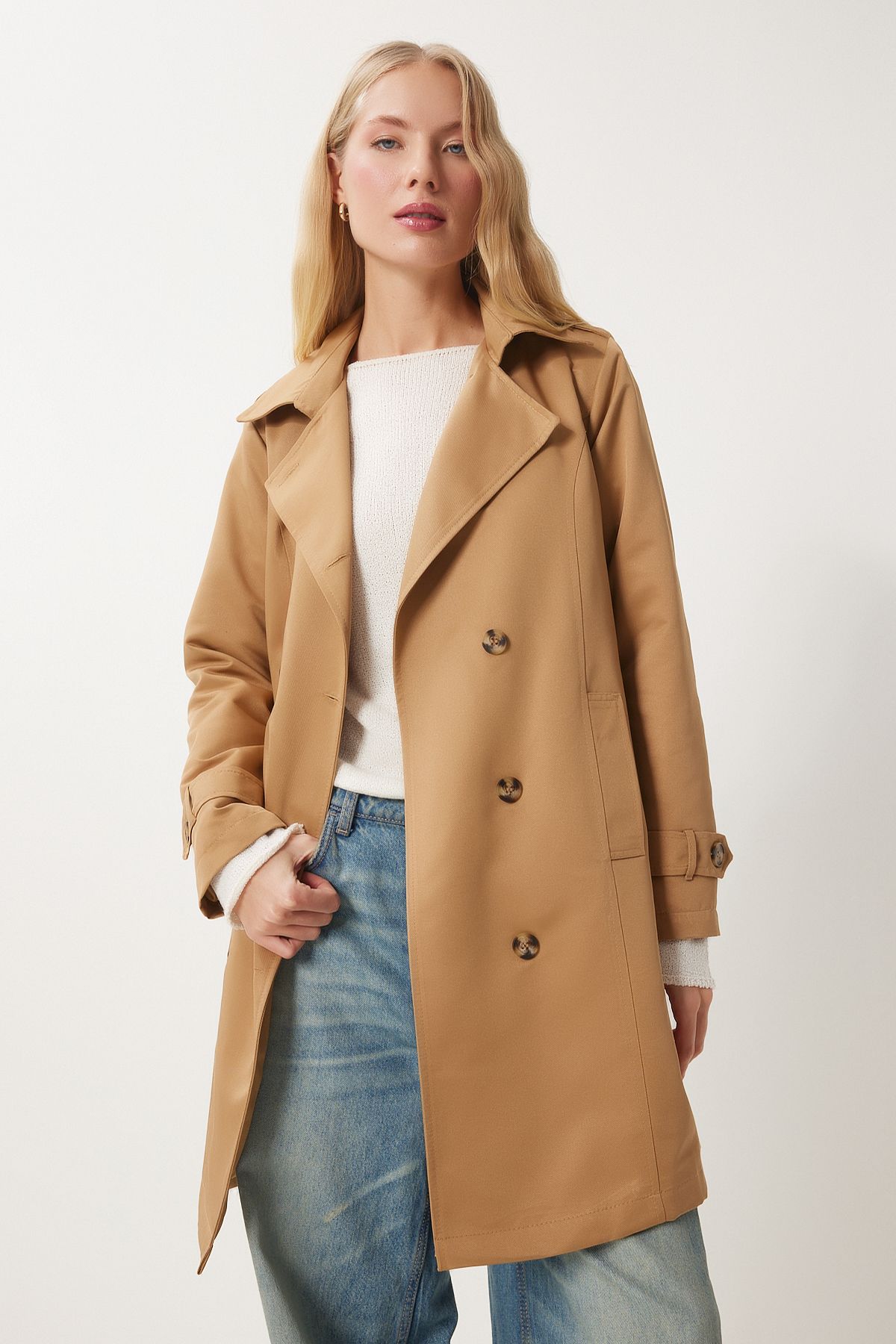 Happiness İstanbul-Trenci sezonier pentru damă, Camel, cu guler dublu, cu brâu DD01345 5