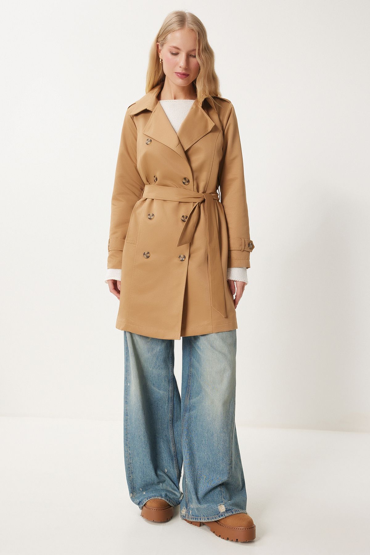 Happiness İstanbul-Trenci sezonier pentru damă, Camel, cu guler dublu, cu brâu DD01345 4