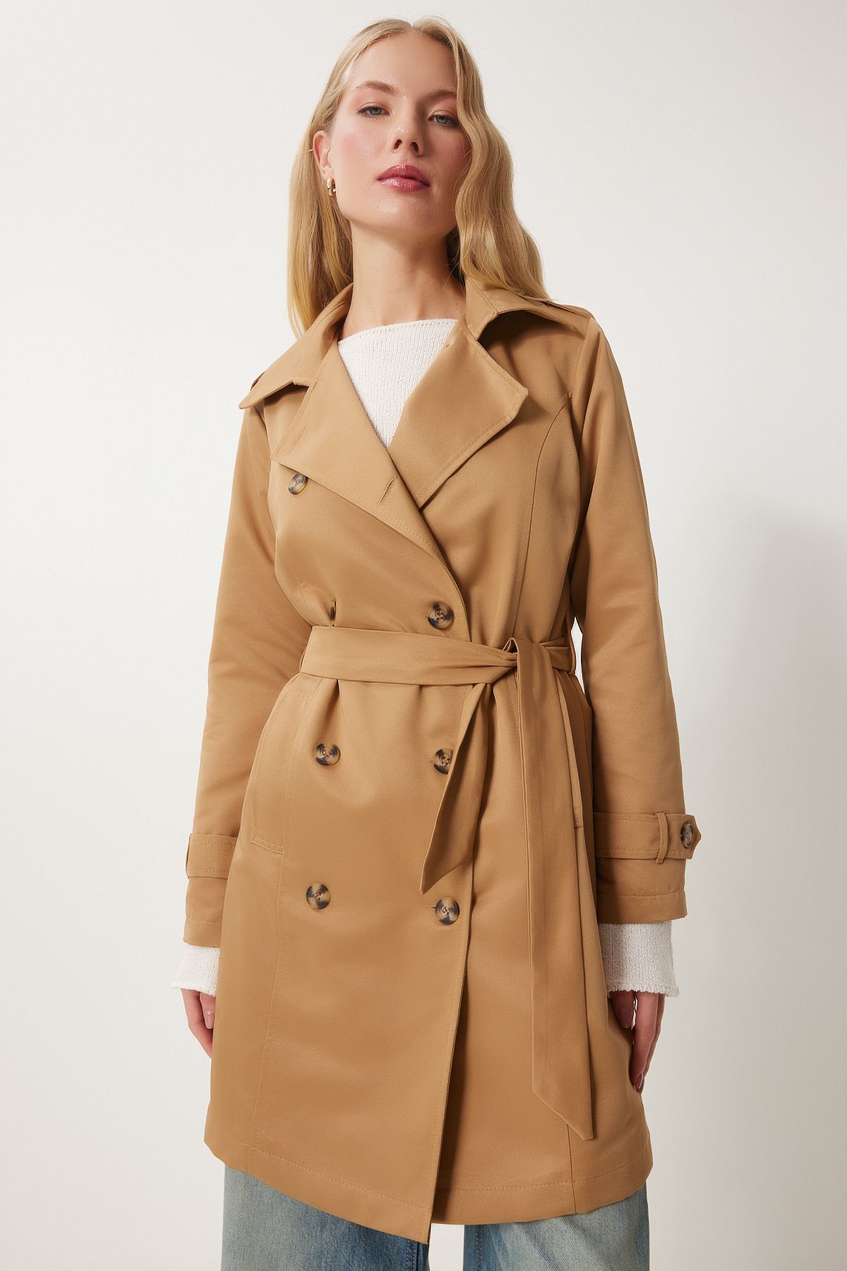Happiness İstanbul-Trenci sezonier pentru damă, Camel, cu guler dublu, cu brâu DD01345 2