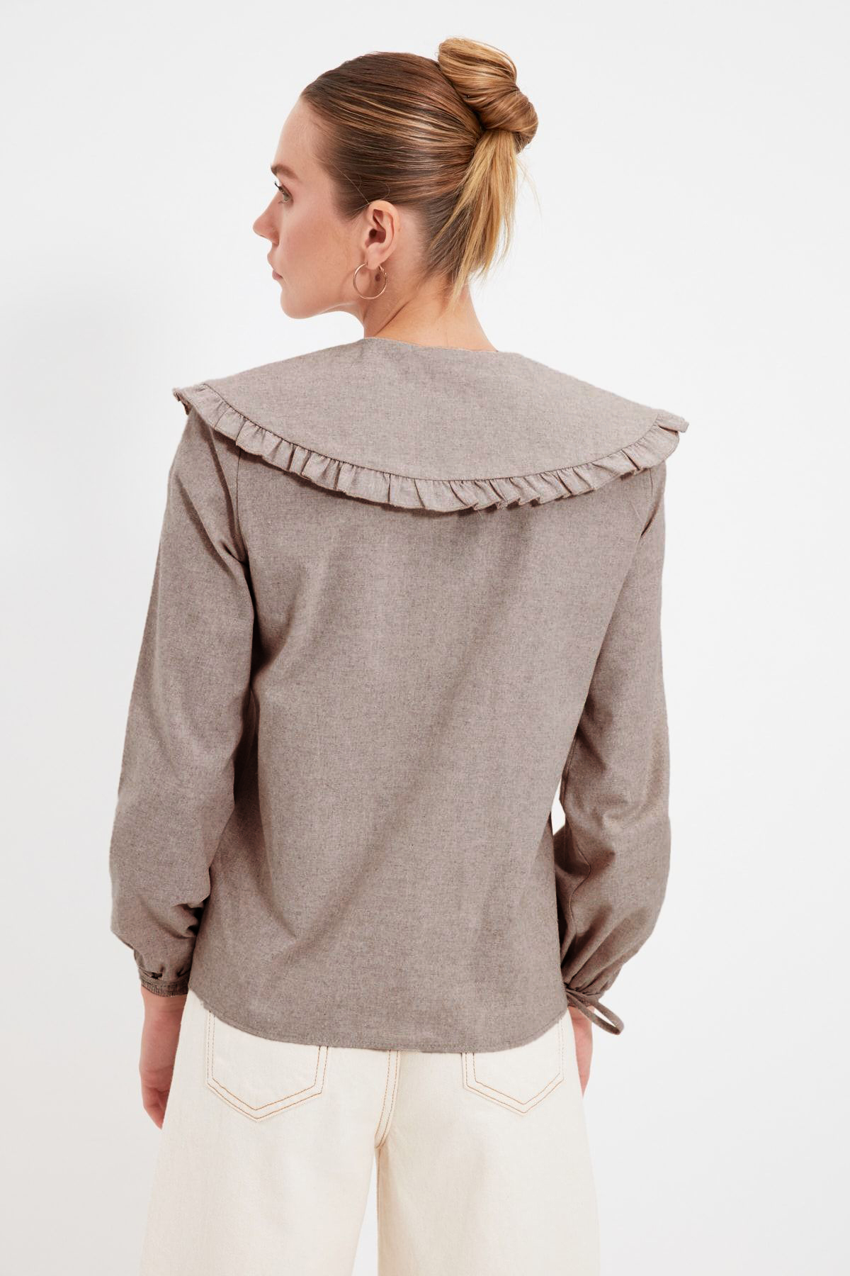 Trendyolmilla  Vizon Boho Büyük Yaka Detaylı Dokuma Gömlek TWOAW21GO0677 - Görsel 5