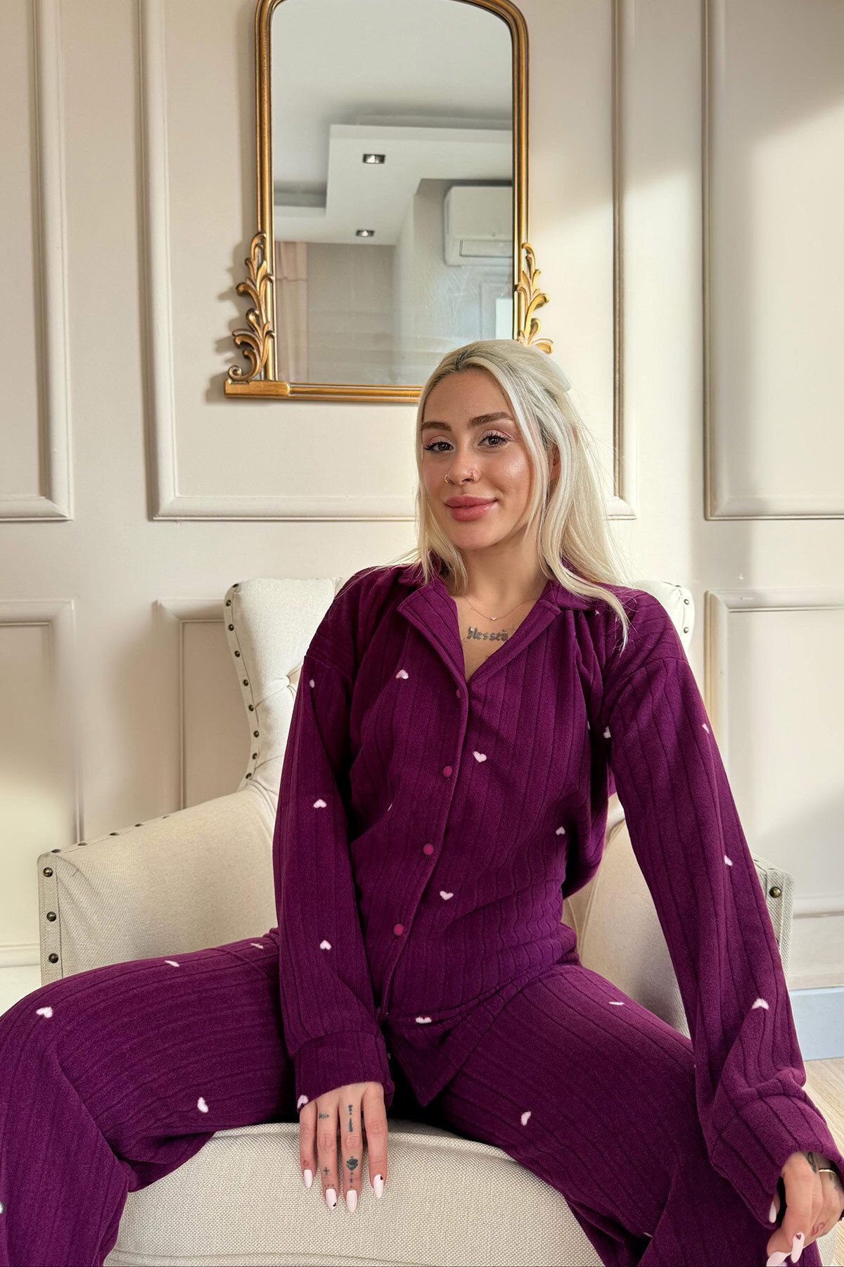 Pijamaevi-Plum Jantung Patterned Front Buttoned Plush Fleece Pajama Set 2