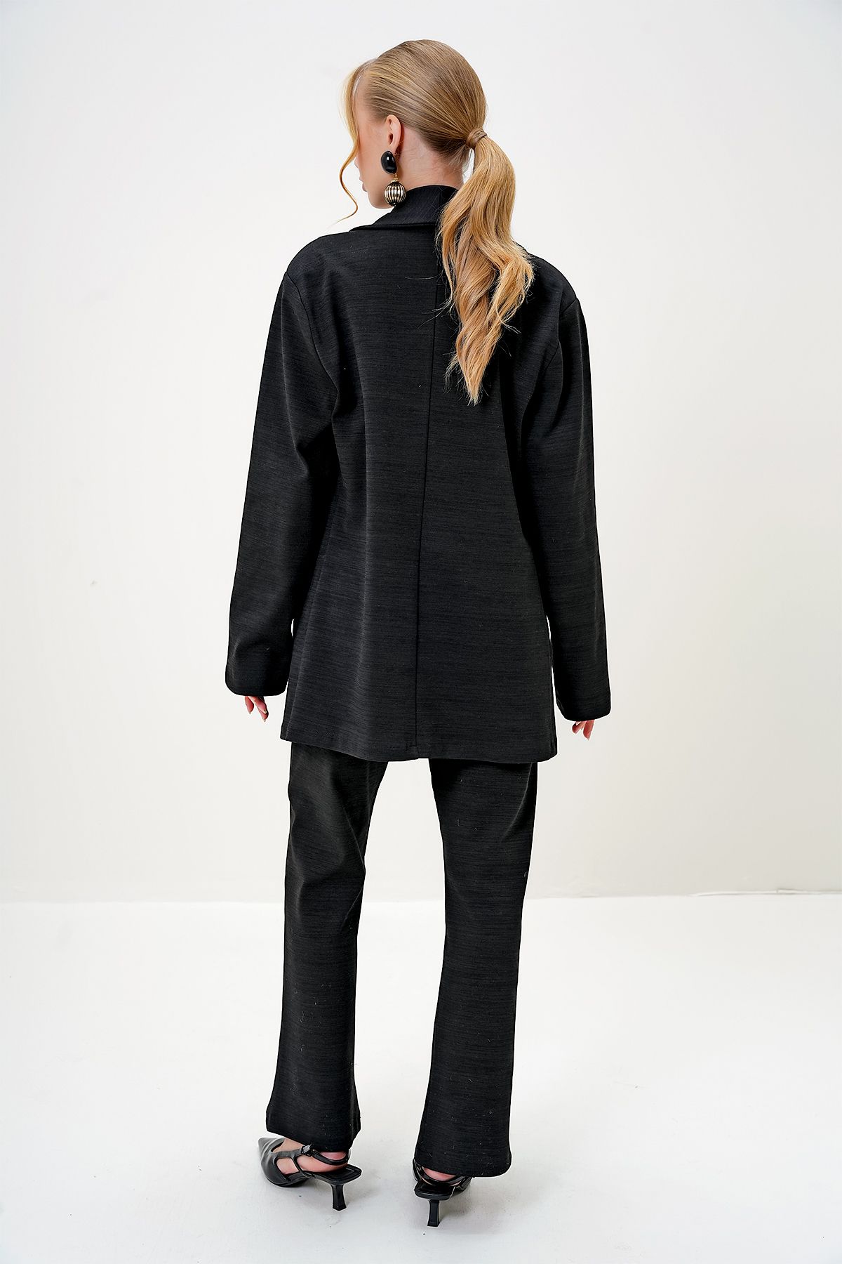 Trend Alaçatı Stili-Schwarzes Damen-Blazer-Set mit Schalkragen, Strickjacke und Hose ALC-X13125 5