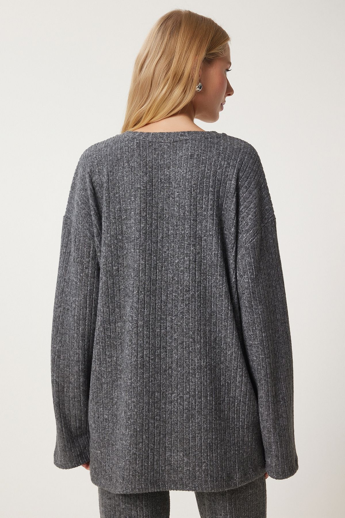 Happiness İstanbul-Anthracite Women's Knitted Blouse and Trousers Set - Comfortable Corduroy Rg00047 9