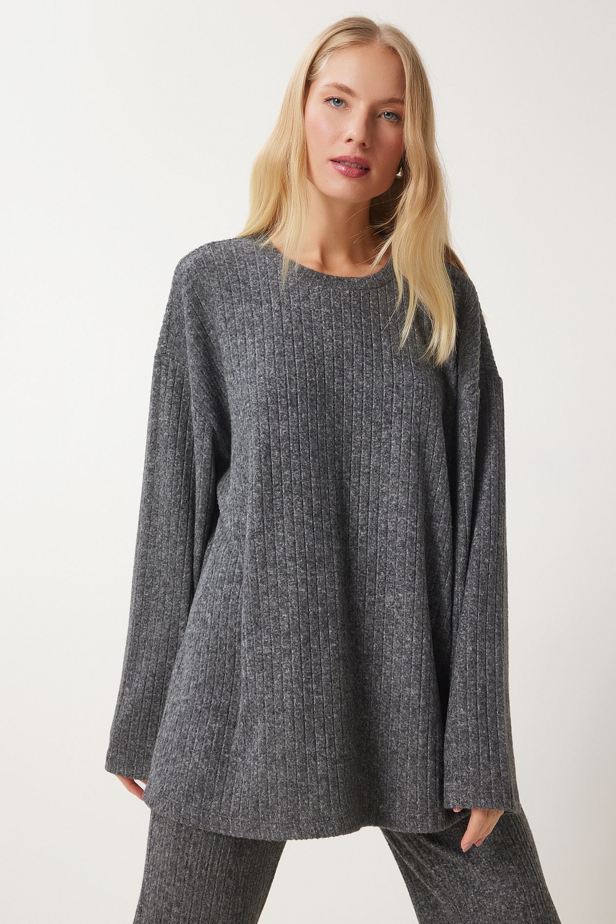 Happiness İstanbul-Anthracite Women's Knitted Blouse and Trousers Set - Comfortable Corduroy Rg00047 3