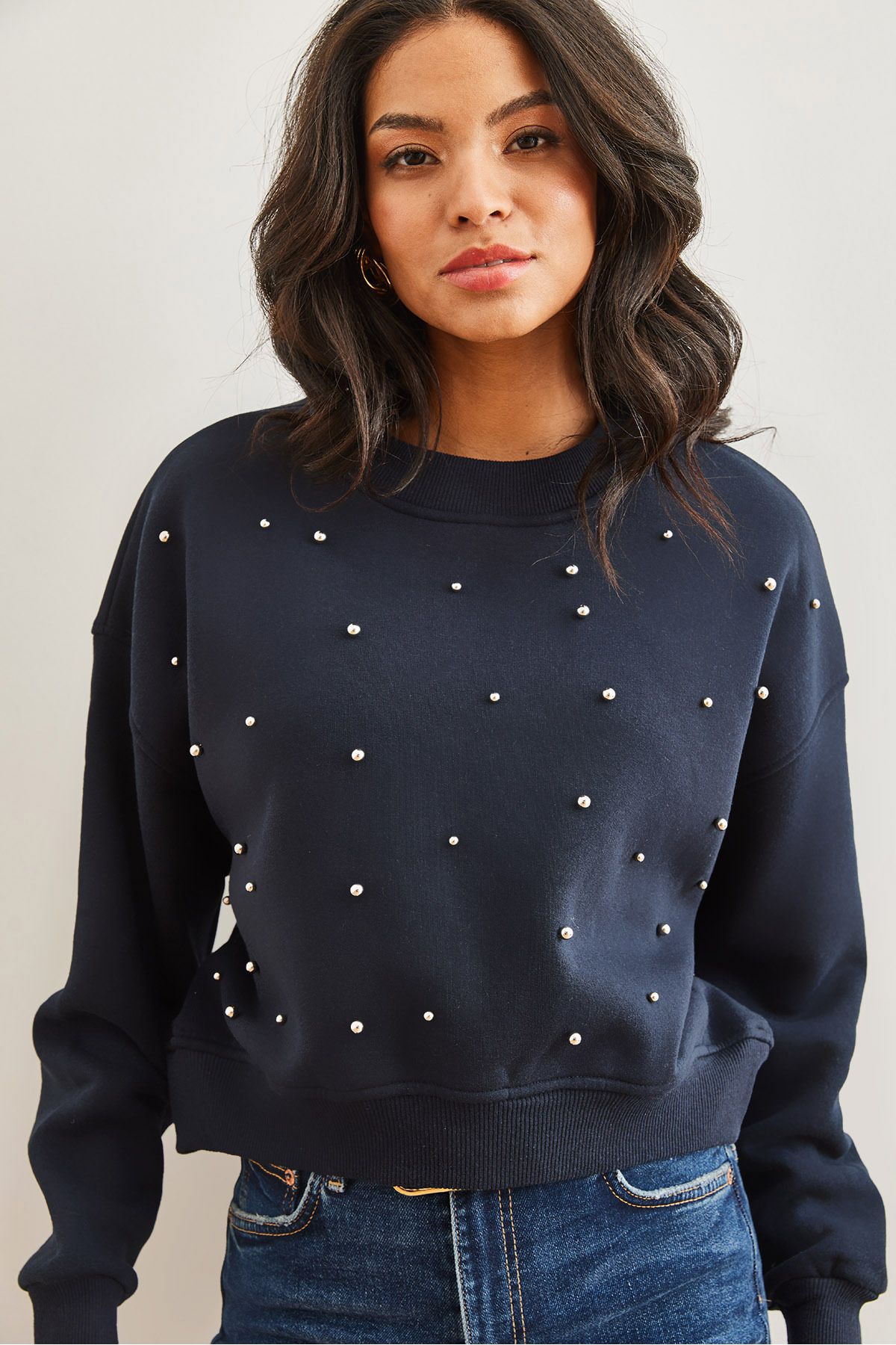 Olalook-Hanorac crop gros cu perle bleumarin - SWT- 19000663 2