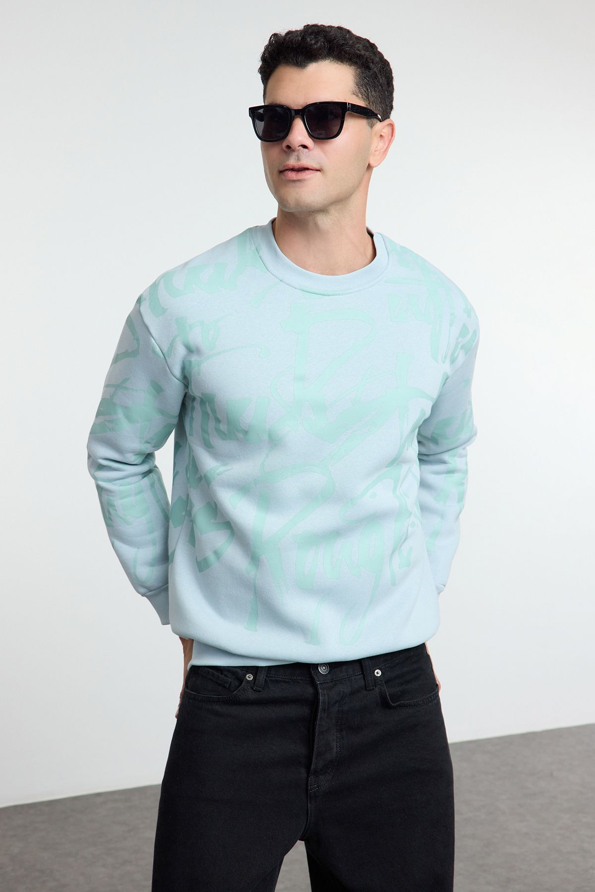 Trendyol Collection-Ice Blue Printed Fleece Sweatshirt - Regular Fit Tmnaw25Sw00192 1