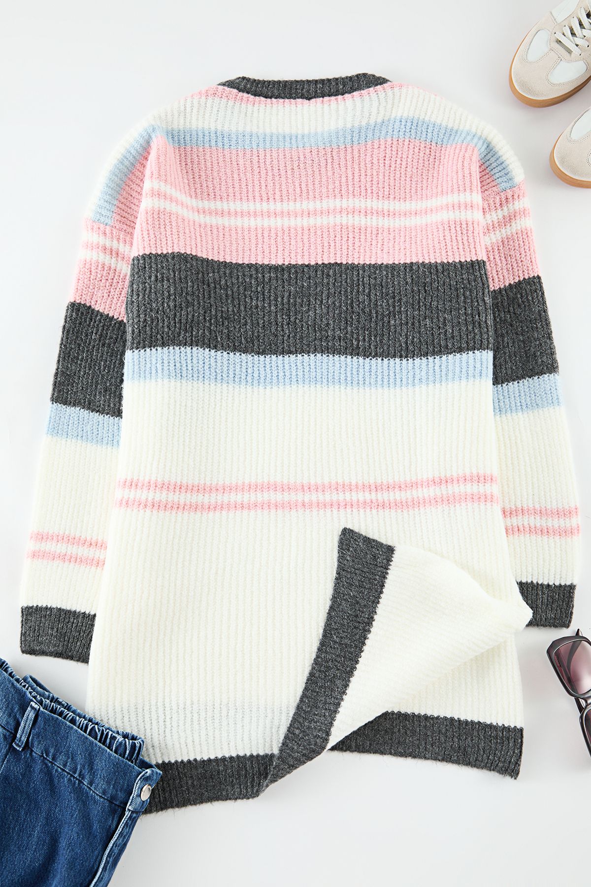 Edit by Trendyol-Ecru Striped Side Slit Knitwear Sweater Tedaw25An00003 4