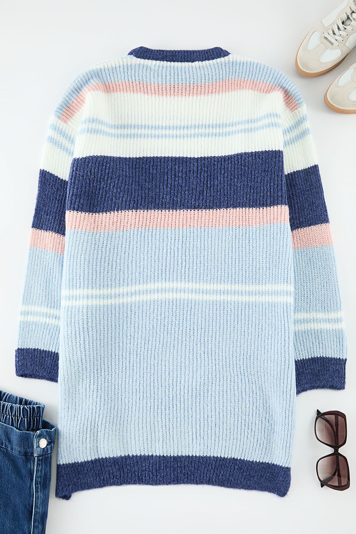 Edit by Trendyol-Blue Striped Side Slit Knitwear Sweater Tedaw25An00003 3