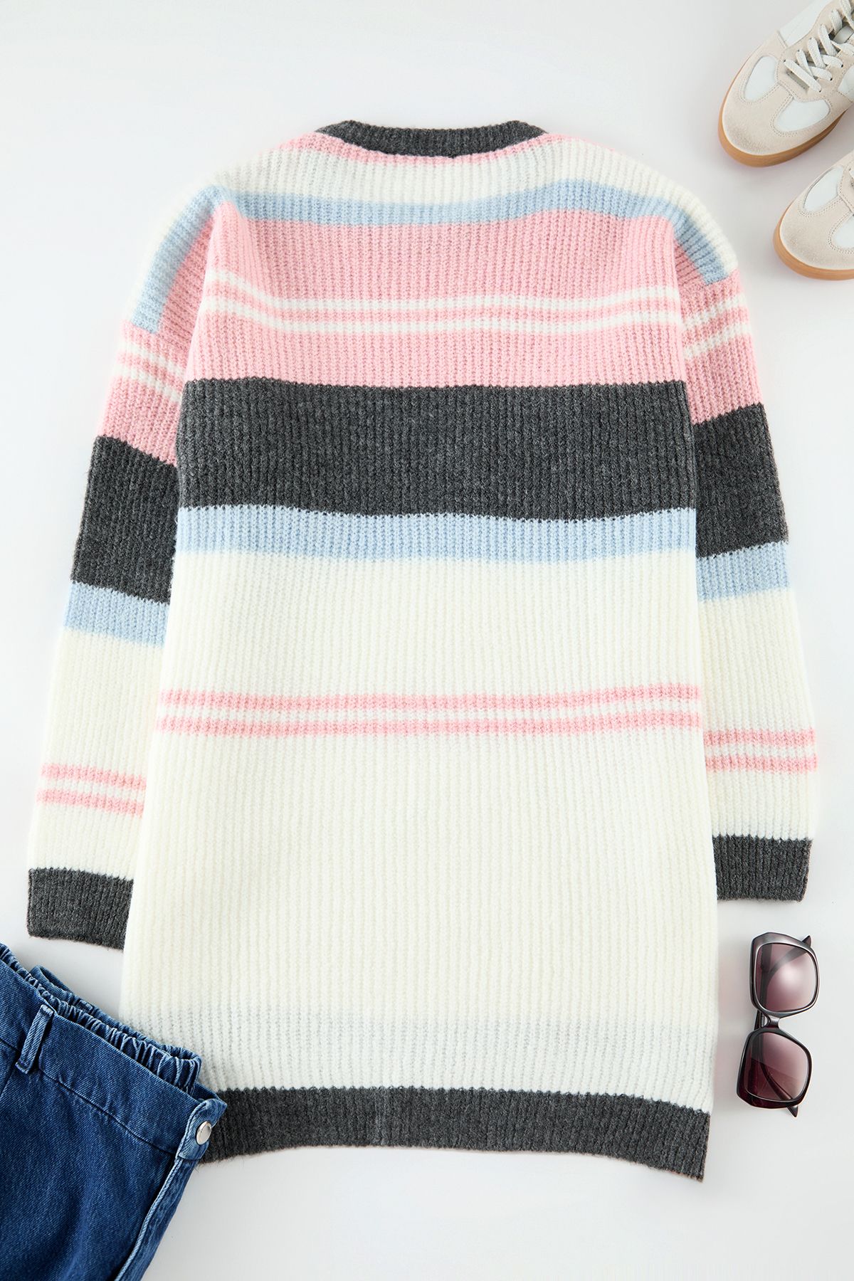 Edit by Trendyol-Ecru Striped Side Slit Knitwear Sweater Tedaw25An00003 3