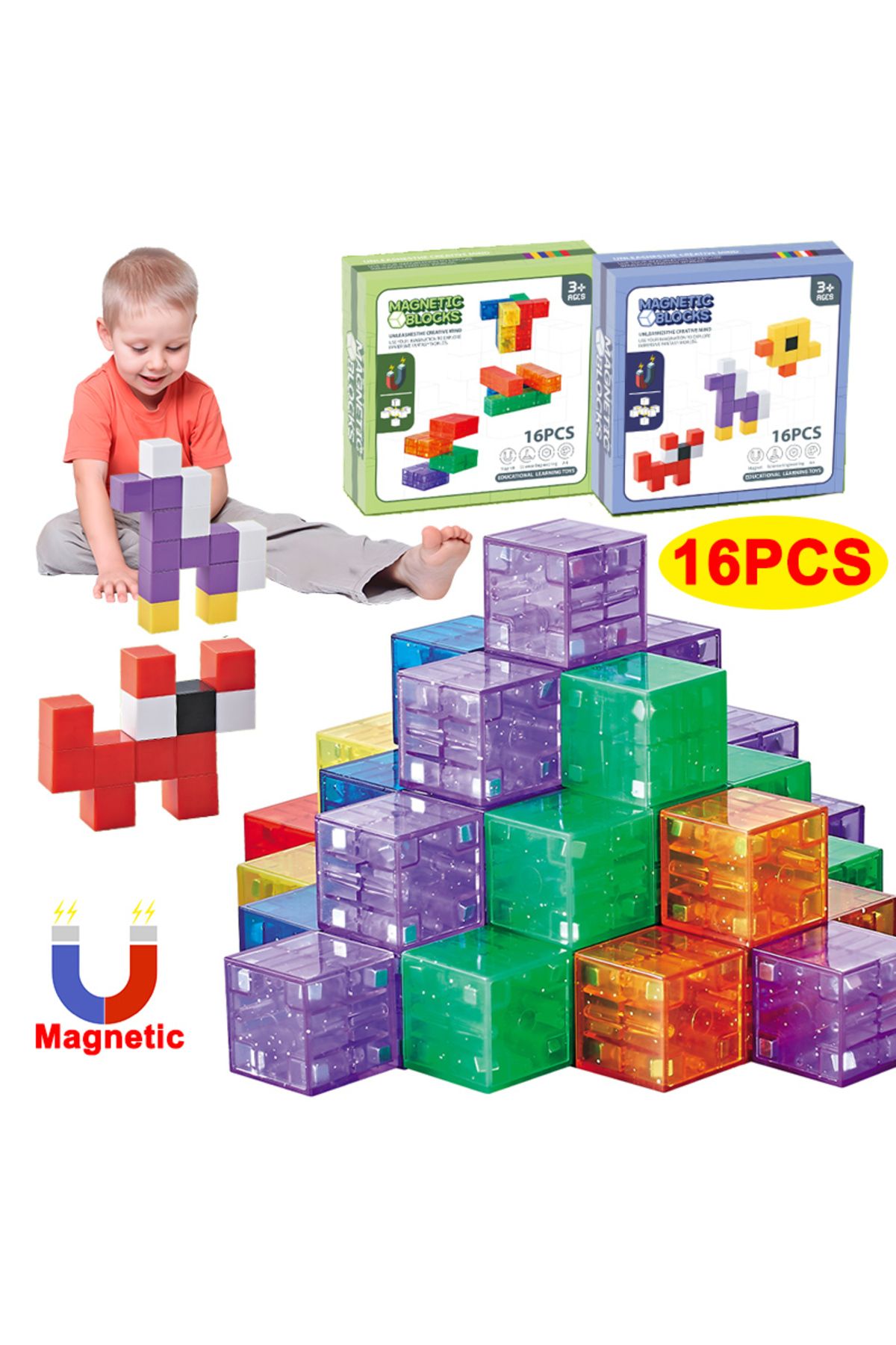 supstem-16PCS Magnetic Building Blocks Children Removable 3D Magnet Cube Blocks Set Fidegt Toys for Kids ... 2
