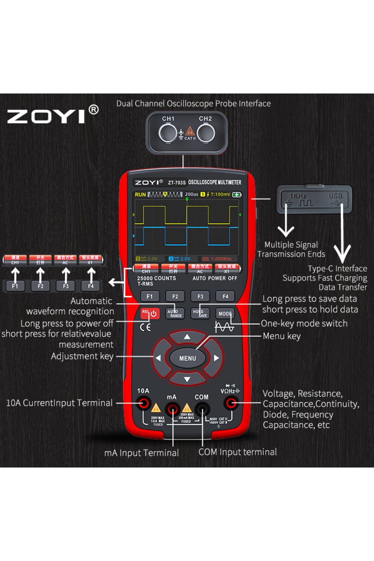 ZOYI-ZT-703 Handheld digital oscilloscope multimeter three-in-one two-channel oscillometer signal... 4