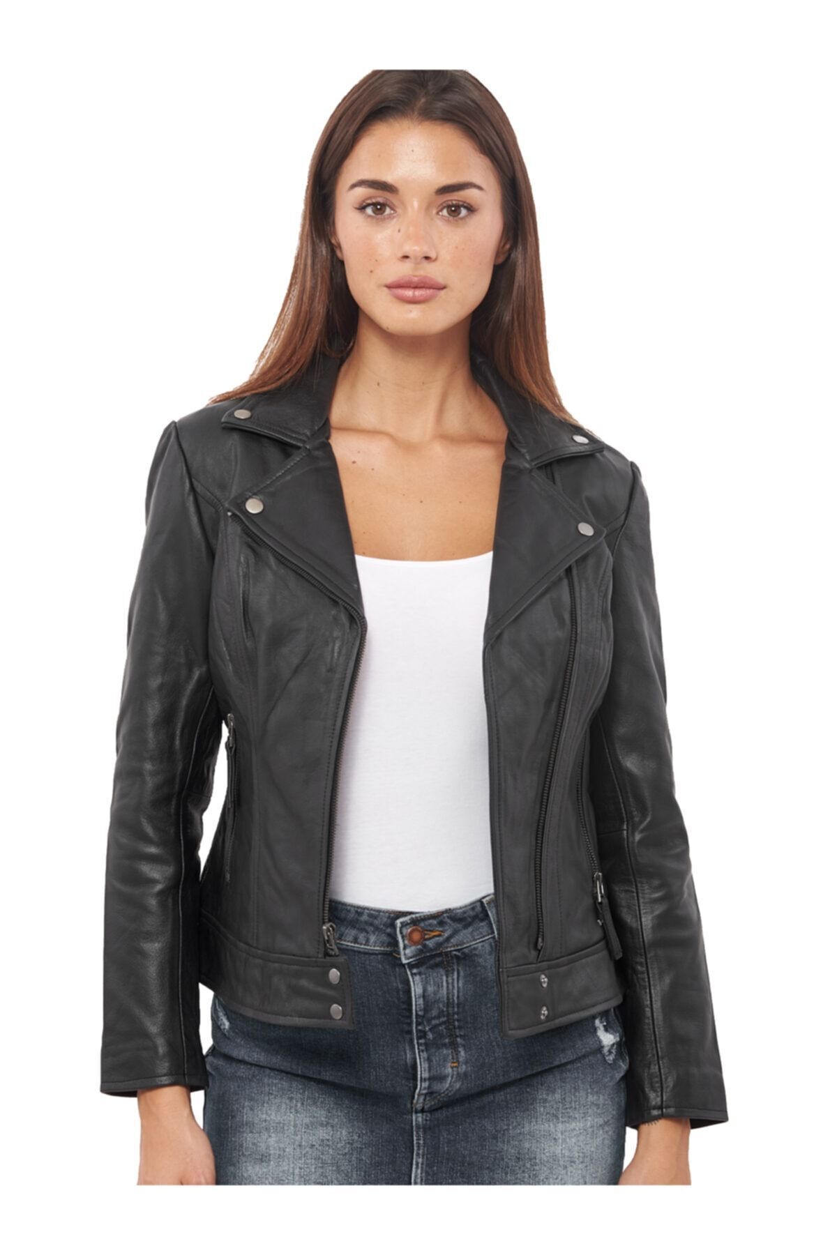 MALVİNEYU  (MALVİNEYU) Kadın Siyah Hakiki Deri Mont - Görsel 4