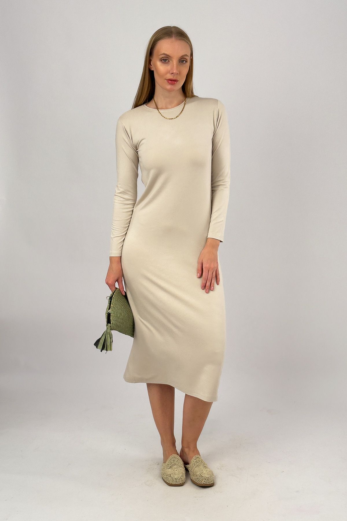 Betimoda-Beige Colored Viscose Midi Dress - Long Sleeve, Crew Neck 1