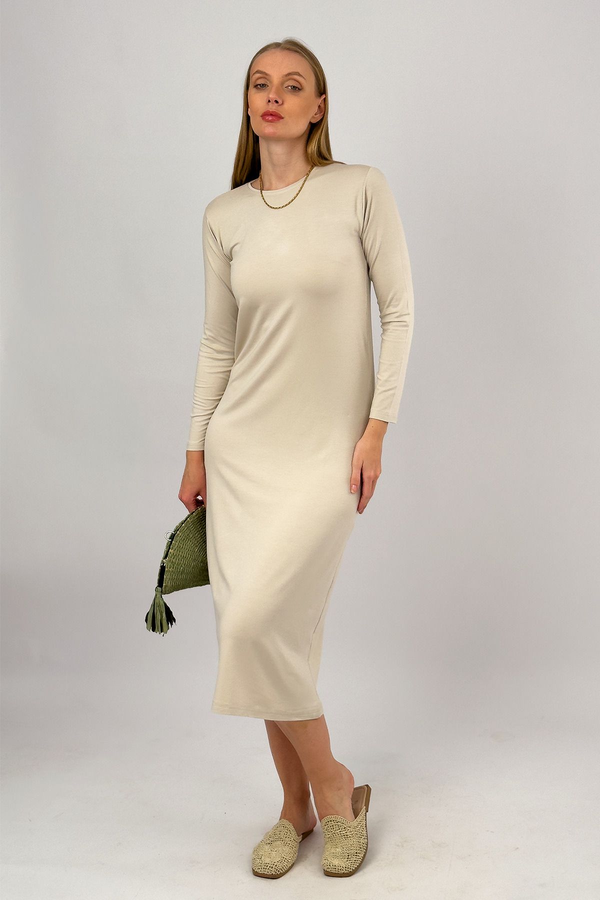 Betimoda-Beige Colored Viscose Midi Dress - Long Sleeve, Crew Neck 3