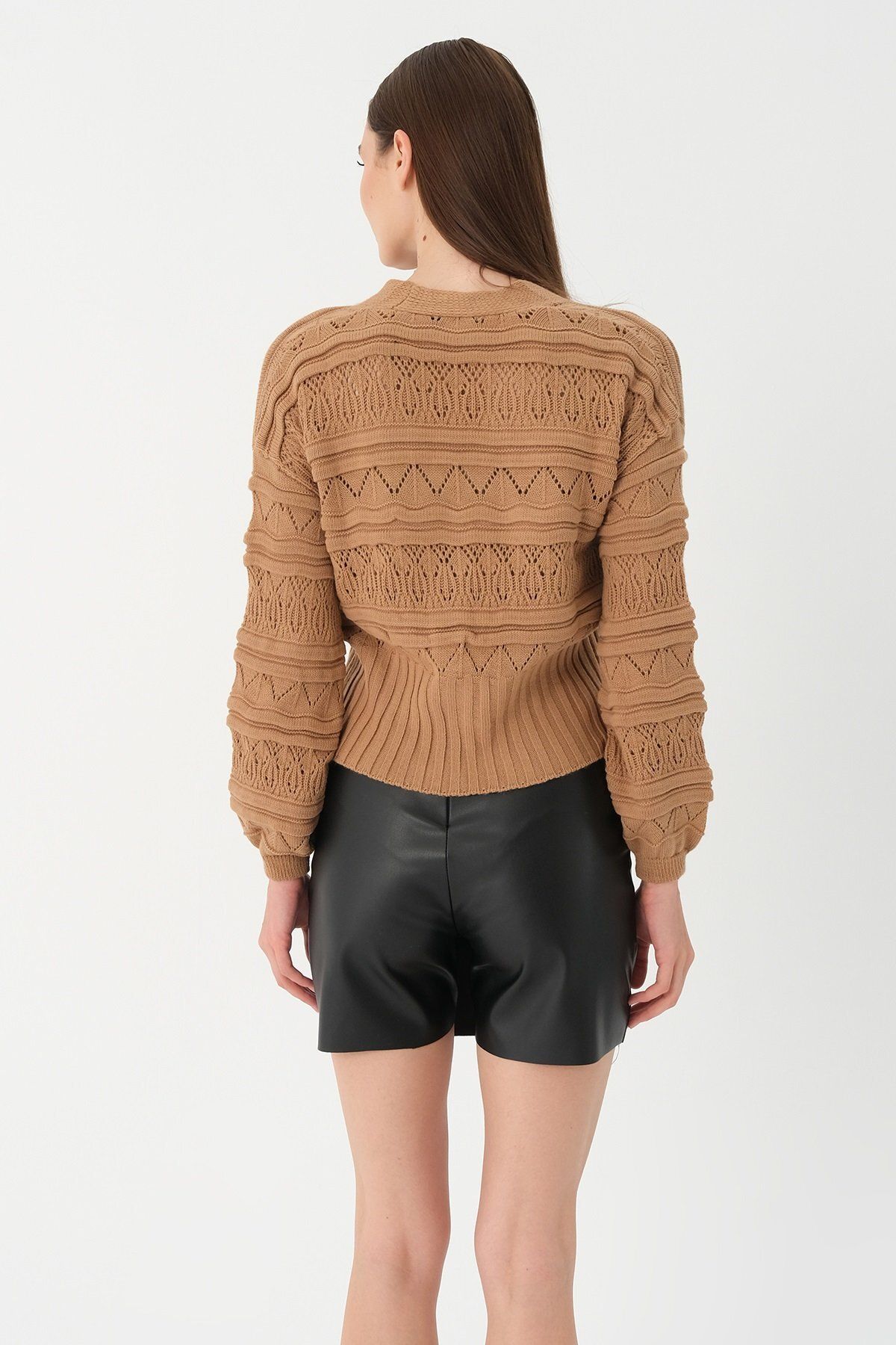 PARKhande-Camel Openwork Cardigan - Stone Detailed Button 5