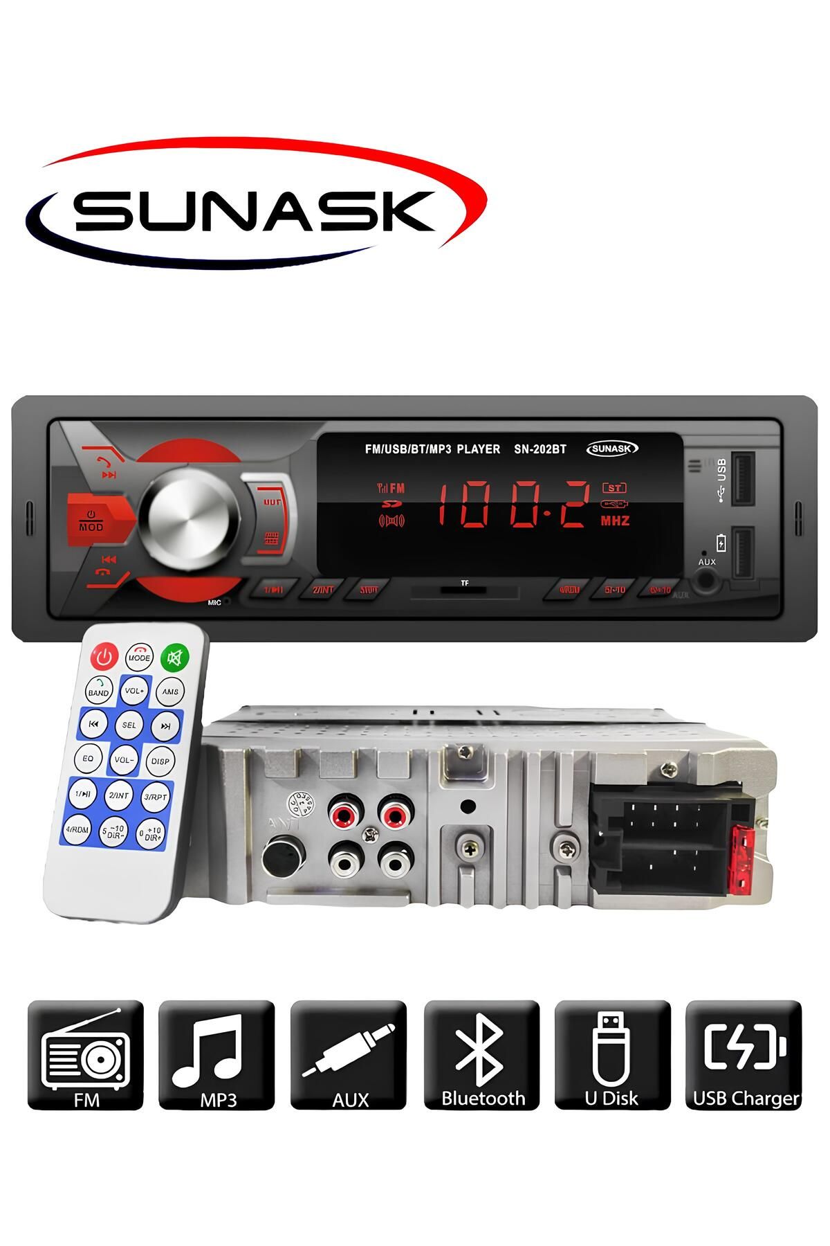 SUNASK Sn-202 Çift Usb Girişli Bluetooth Oto Teyp Araba Teybi Radyo Usb Sd Aux Teyp Amfi Çıkışlı Kumandalı