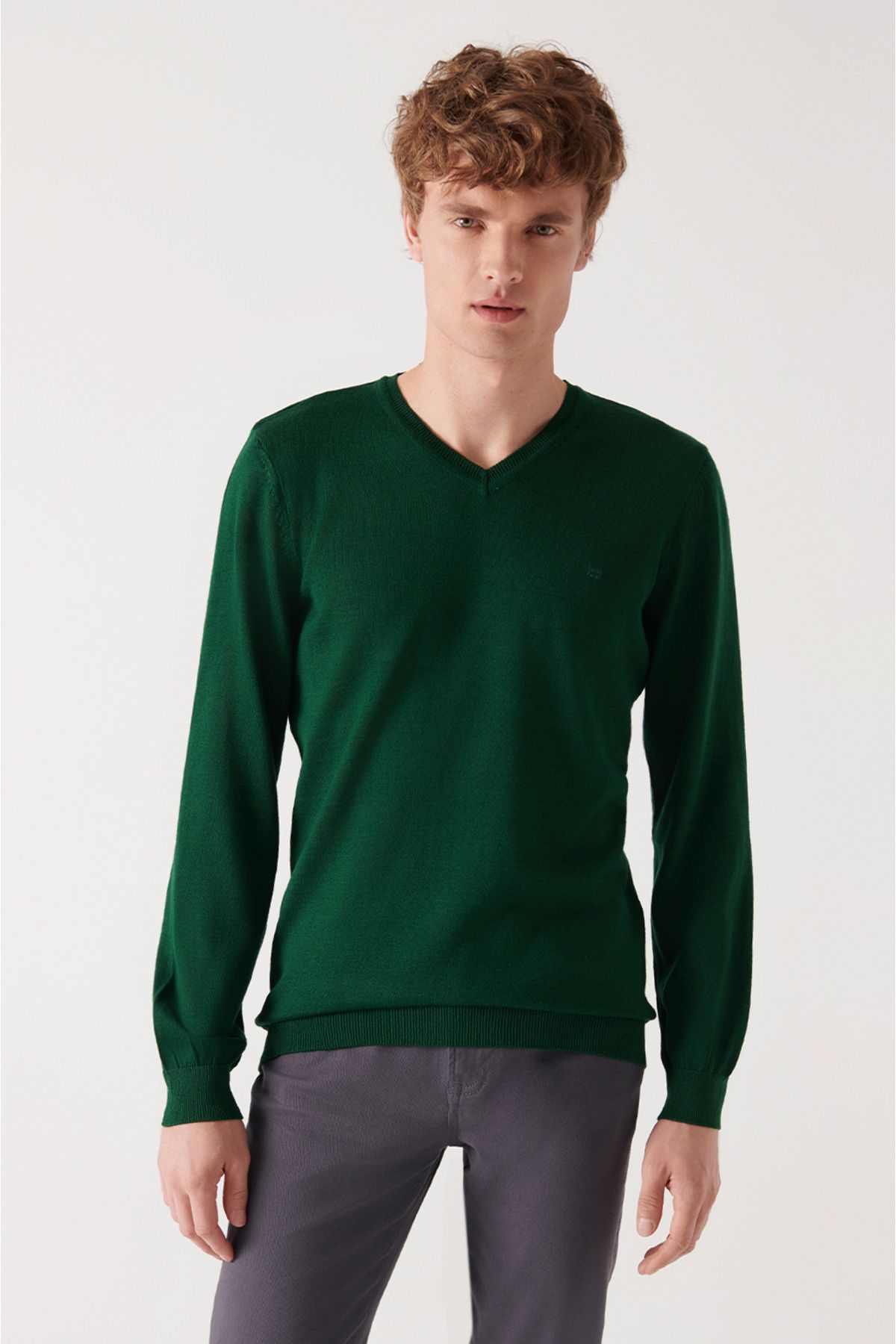 Avva-Men's Green V-Neck Wool Blended Knitwear Sweater E 005016 3