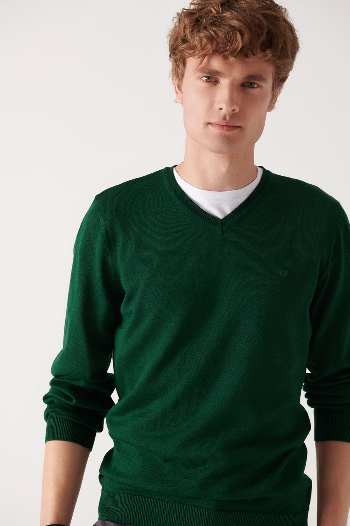 Avva-Men's Green V-Neck Wool Blended Knitwear Sweater E 005016 2