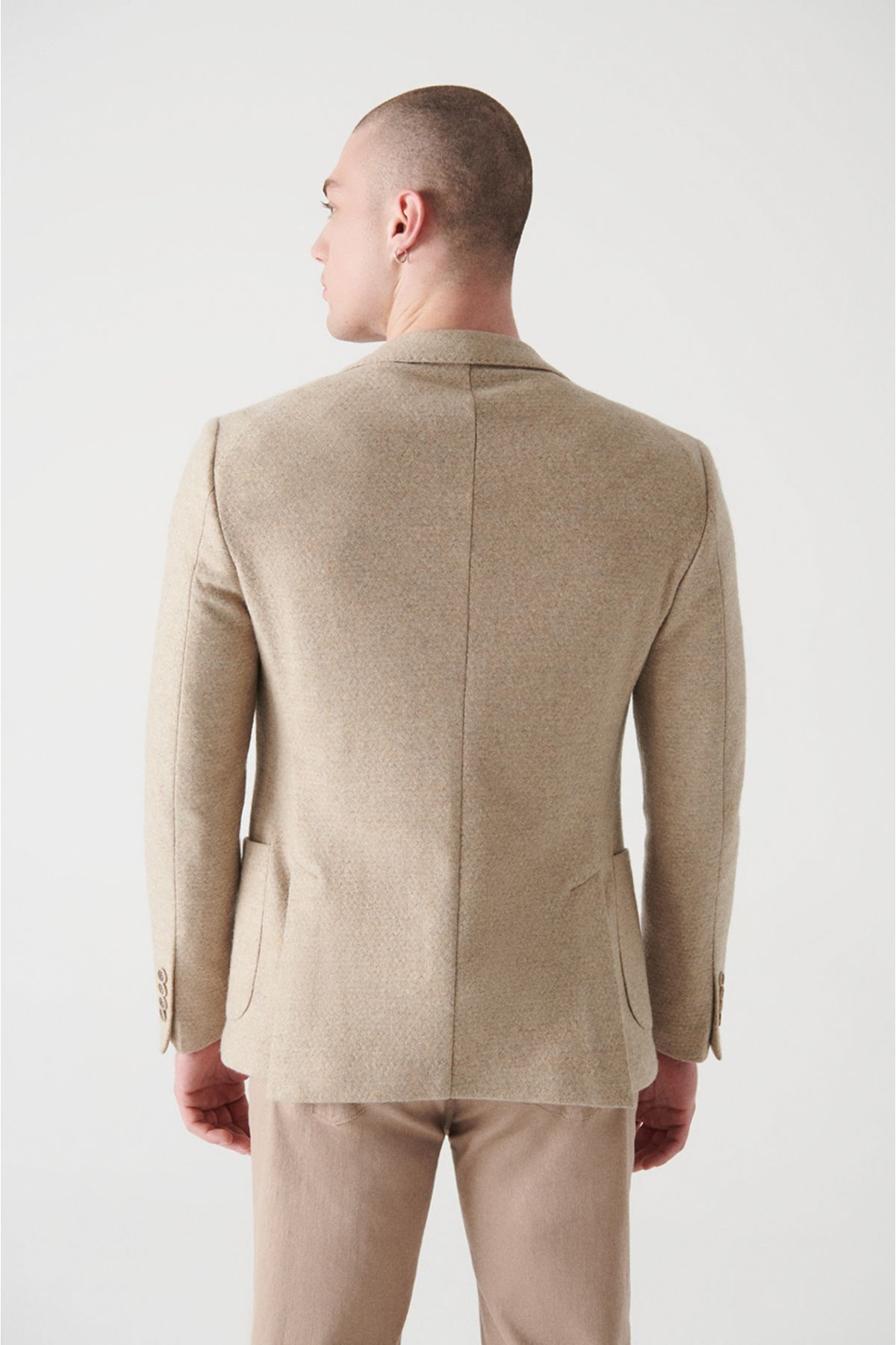 Avva-Men's Beige Mono Collar Wool Unlined Jacket A22Y4006 4