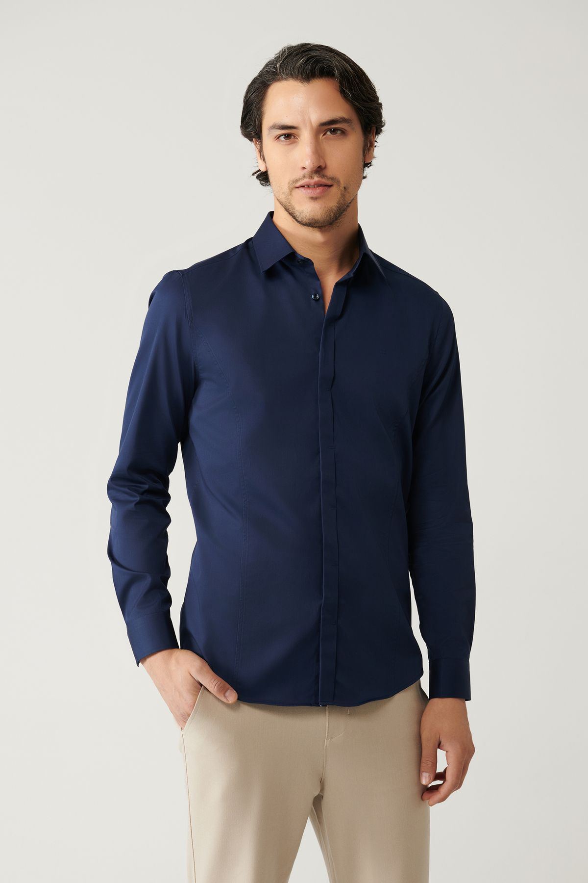 Avva-Men's Navy Blue 100% Cotton Classic Collar Satin Shirt B 002002 3