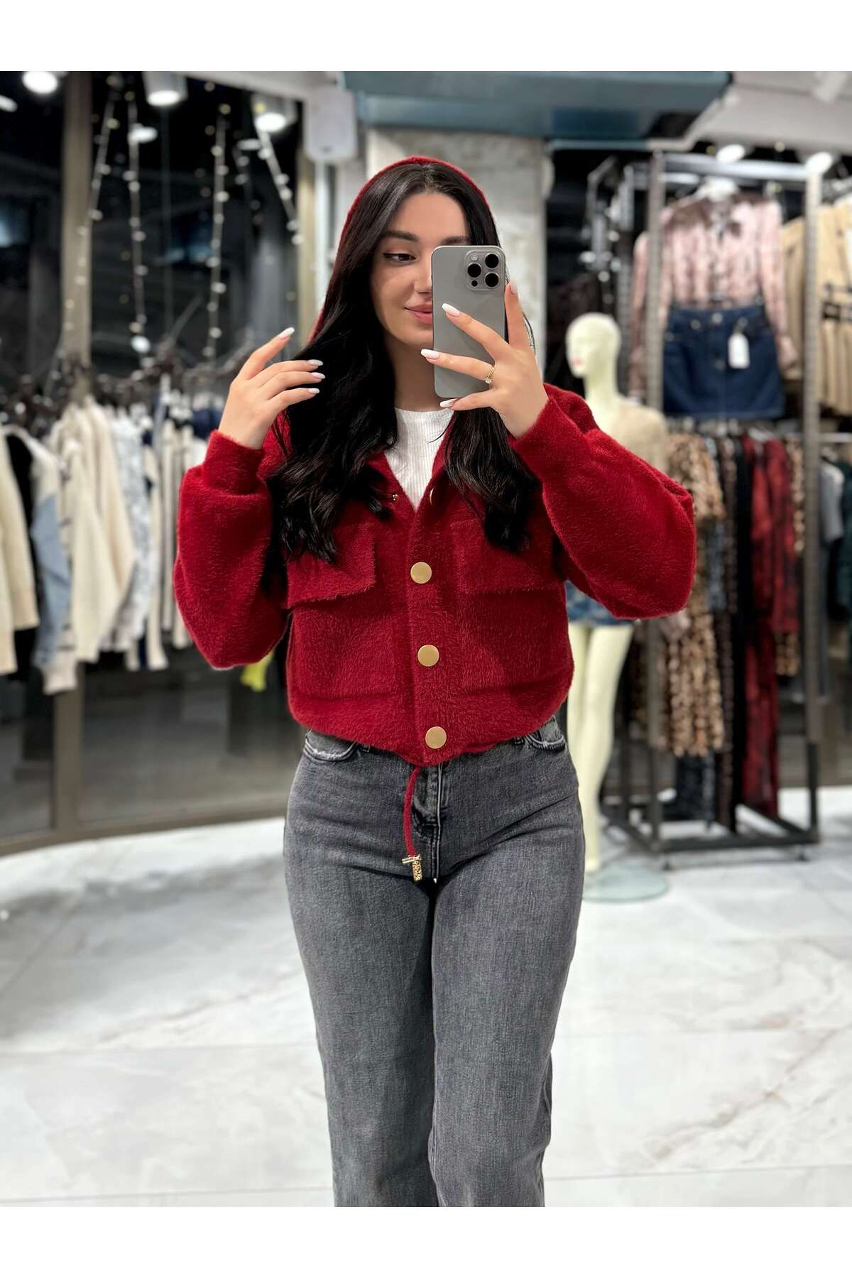 missswans-Adele Gold Buttoned Hooded Soft Textured Angora Cardigan - Claret Red 1