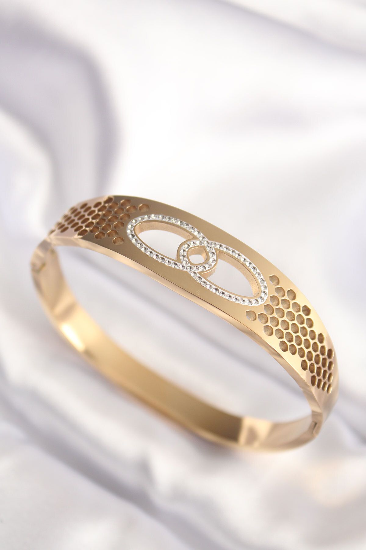 BirdoluSepet 316L Çelik Gold Renk Zirkon Taşlı Kadın Kelepçe Bilezik