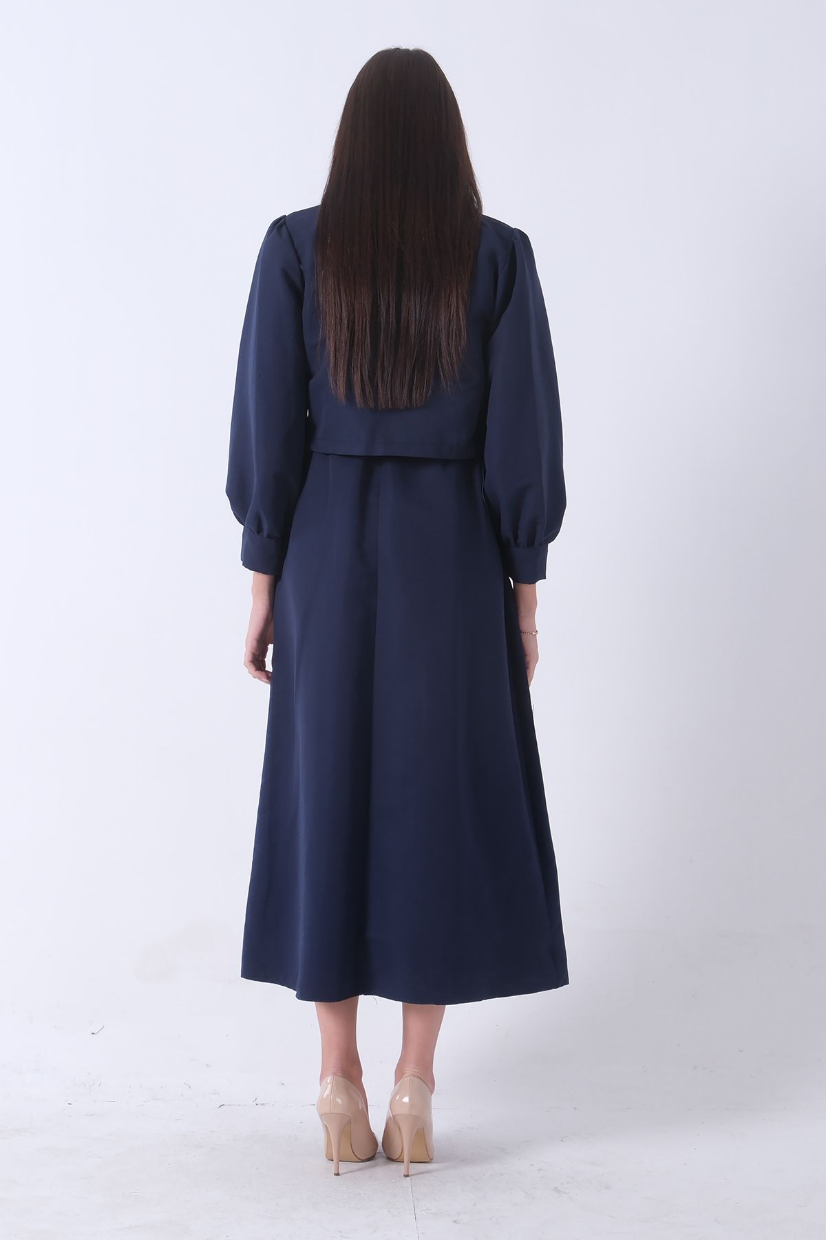 Feminist-Long Hijab Dress with Jacket Detail Navy Blue 4595049 6