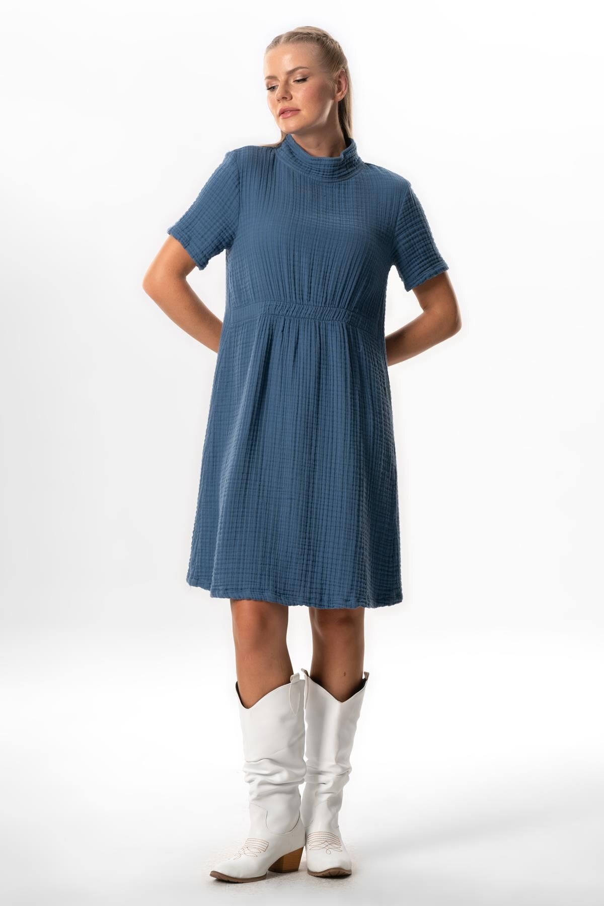 Eliş Şile Bezi-Indigo Midi Length Double Muslin Dress - Short Sleeve and Half Neck, Elastic Autumn and Winter 5