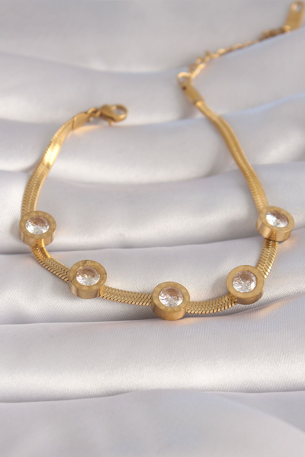 New Things 316L Çelik Gold Renk Zirkon Taşlı İtalyan Zincir Model Kadın Bileklik