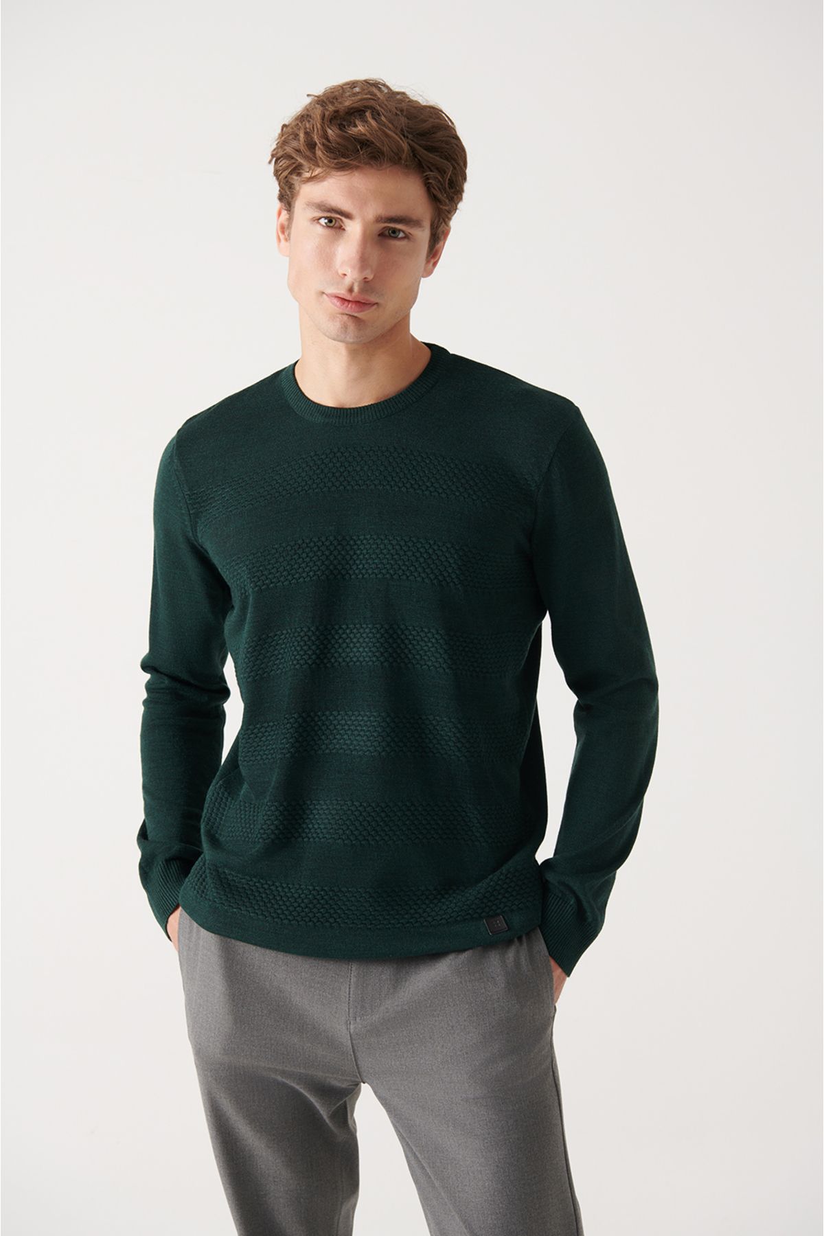 Avva-Men's Green Crew Neck Honeycomb Textured Knitwear Sweater A22Y5073 3