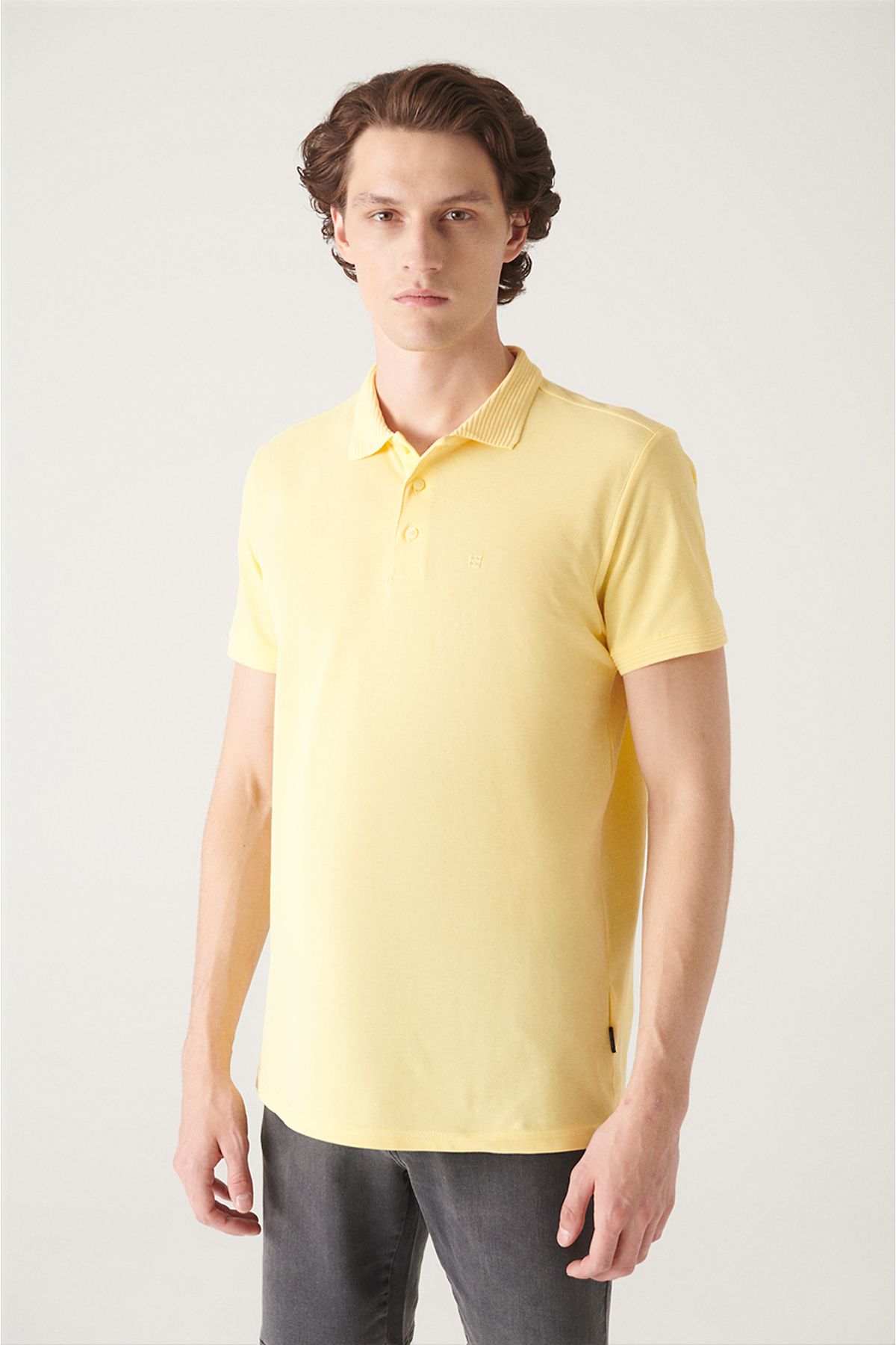 Avva-Men's Yellow 3-Button 100% Corn Cotton Polo Collar T-Shirt B 001027 1