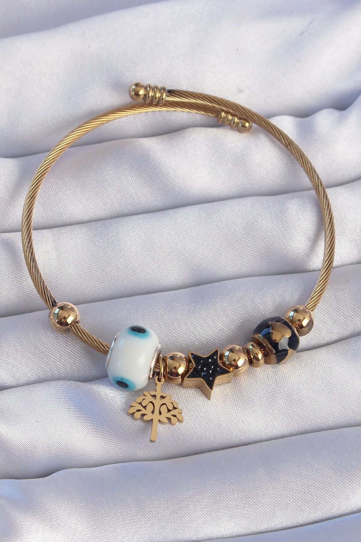 BirdoluSepet 316L Çelik Gold Renk Siyah Zirkon Taşlı Yıldız Tasarımlı Ağaç Detay Nazarlı Charm Bileklik