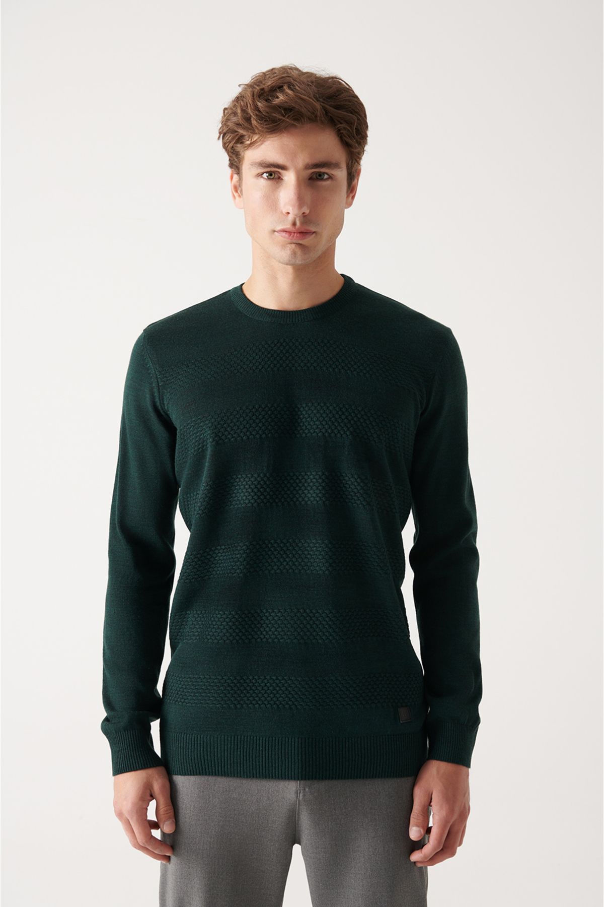 Avva-Men's Green Crew Neck Honeycomb Textured Knitwear Sweater A22Y5073 1