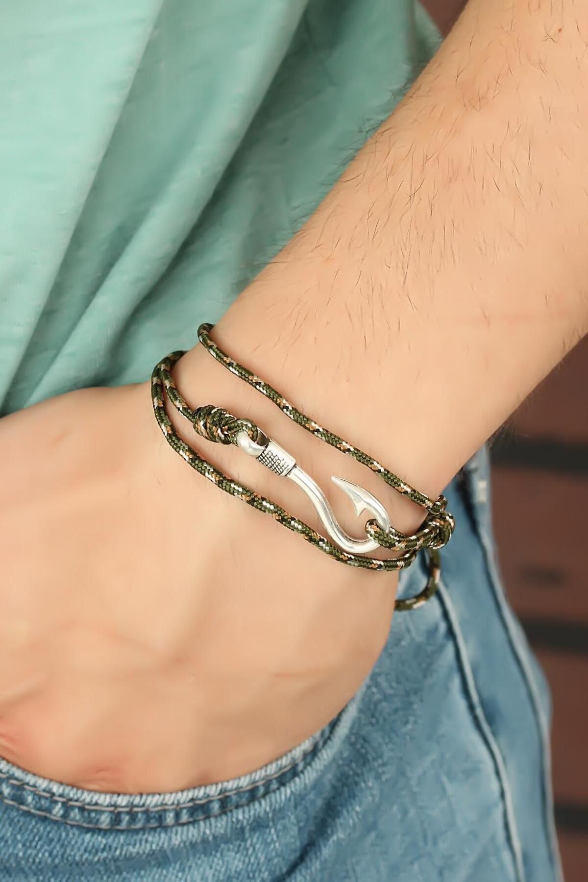 KfksStore Krem Çizgi Desenli Metal Kancalı Erkek Bileklik