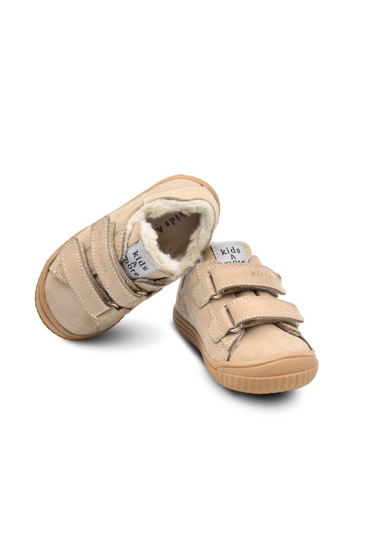 kids A more-Pearl Beige Unisex Shoes - Double Velcro and Fur Leather 7