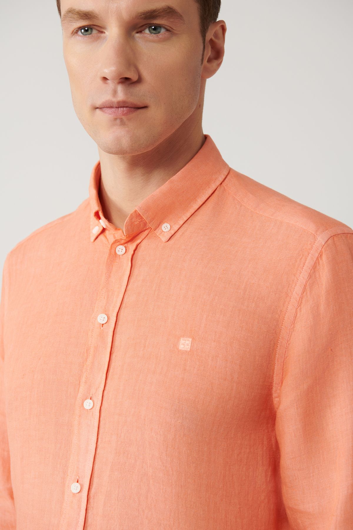 Avva-Men's Orange 100% Linen Buttoned Collar Shirt B 002191 2