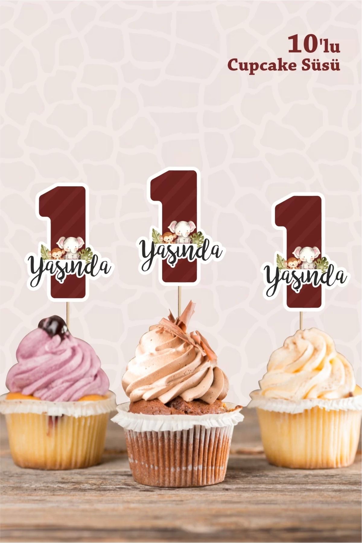 neşeli günlerim Safari Hayvanları Pastel 1 Yaşında Cupcake Süsü *10'lu Kalın Kağıt