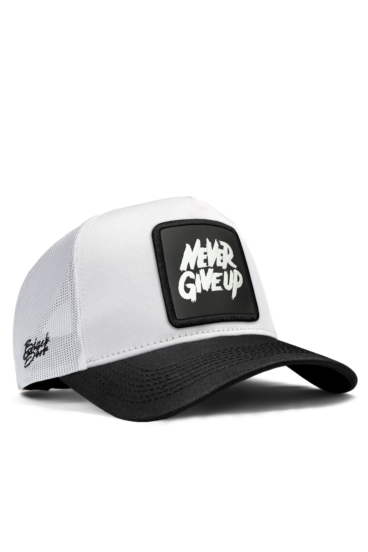 BlackBörk-V1 Trucker Never Give up - Unisex Black Brim-White 5 Code Logo Cap 1