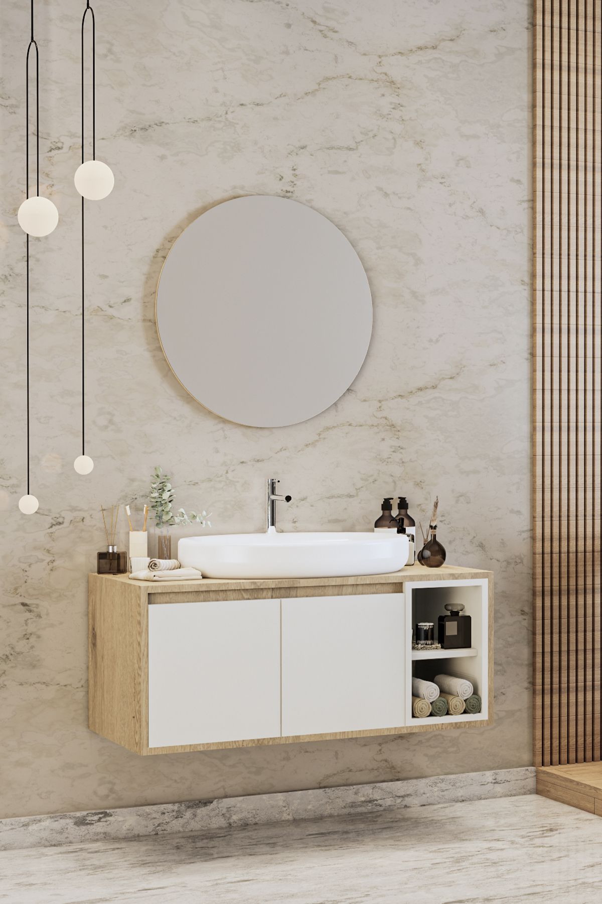 BALNEOM Gül Beyaz Demonte 70 Cm Banyo Dolabı Ayna Lavabo