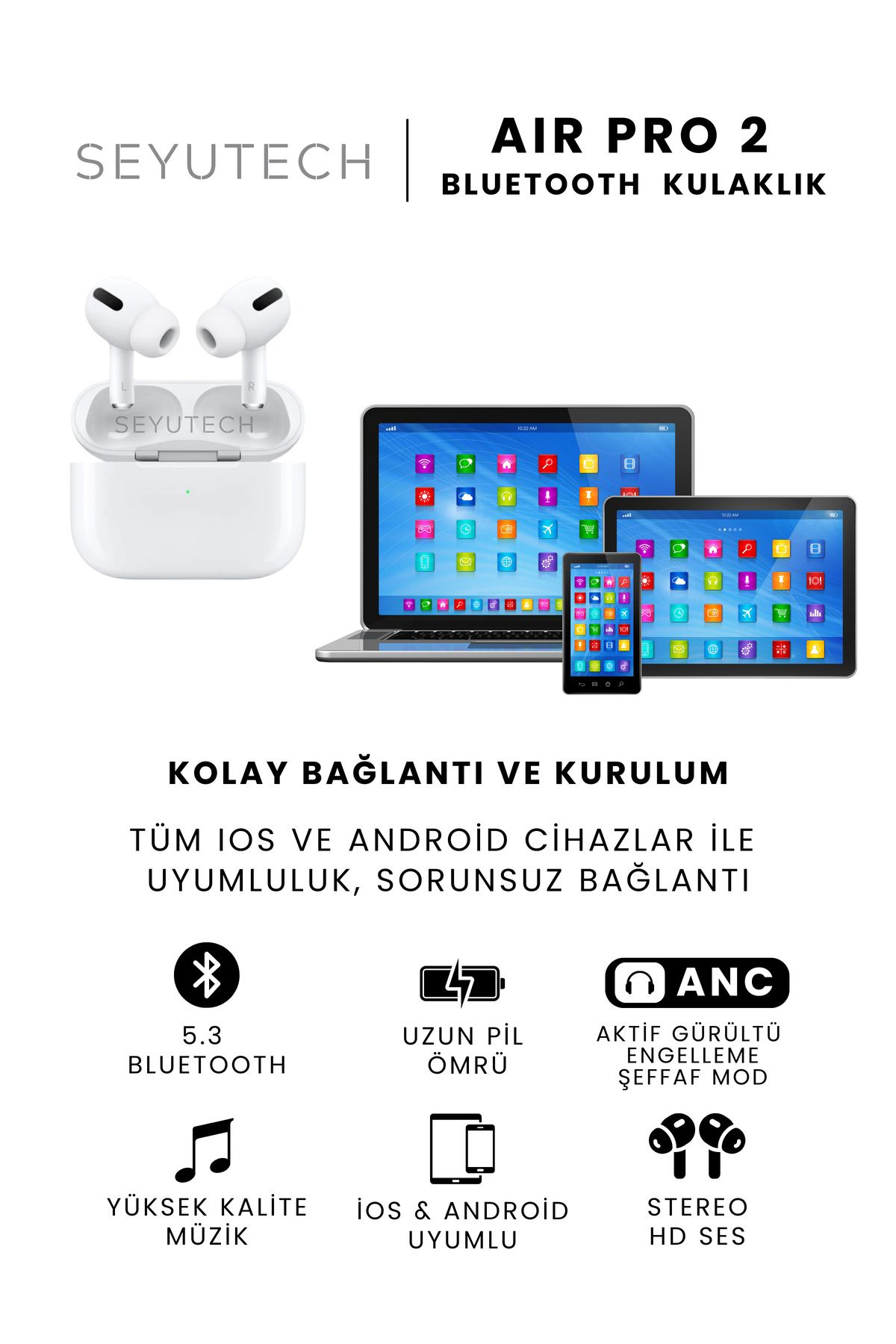 SEYUTECH Air Pro2 ANC Bluetooth Kulaklık Gürültü Engelleme&Şeffaf Mod Ios ve Android Tüm TelefonlaraUyumlu-4