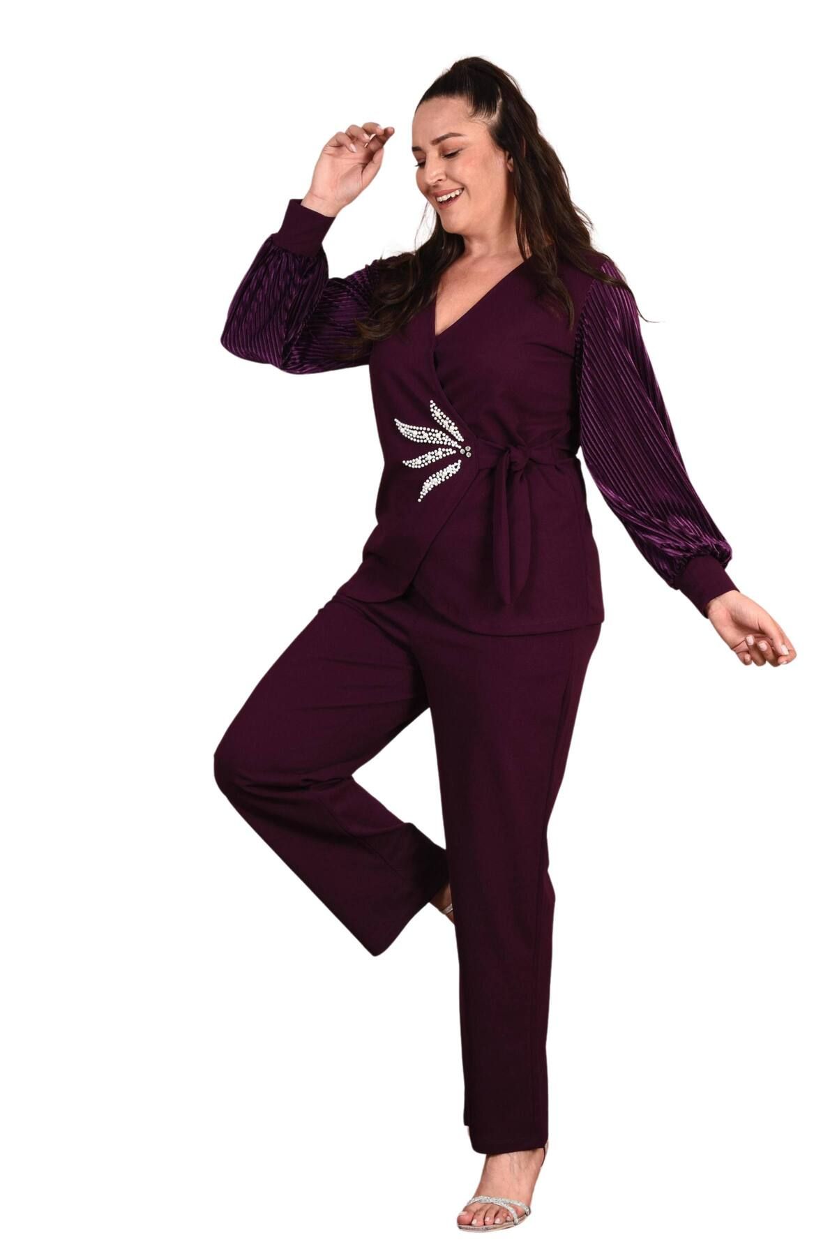 Moda Amore-Velvet Sleeves Plus Size Double Evening Set - Leaf Embroidered 019 3