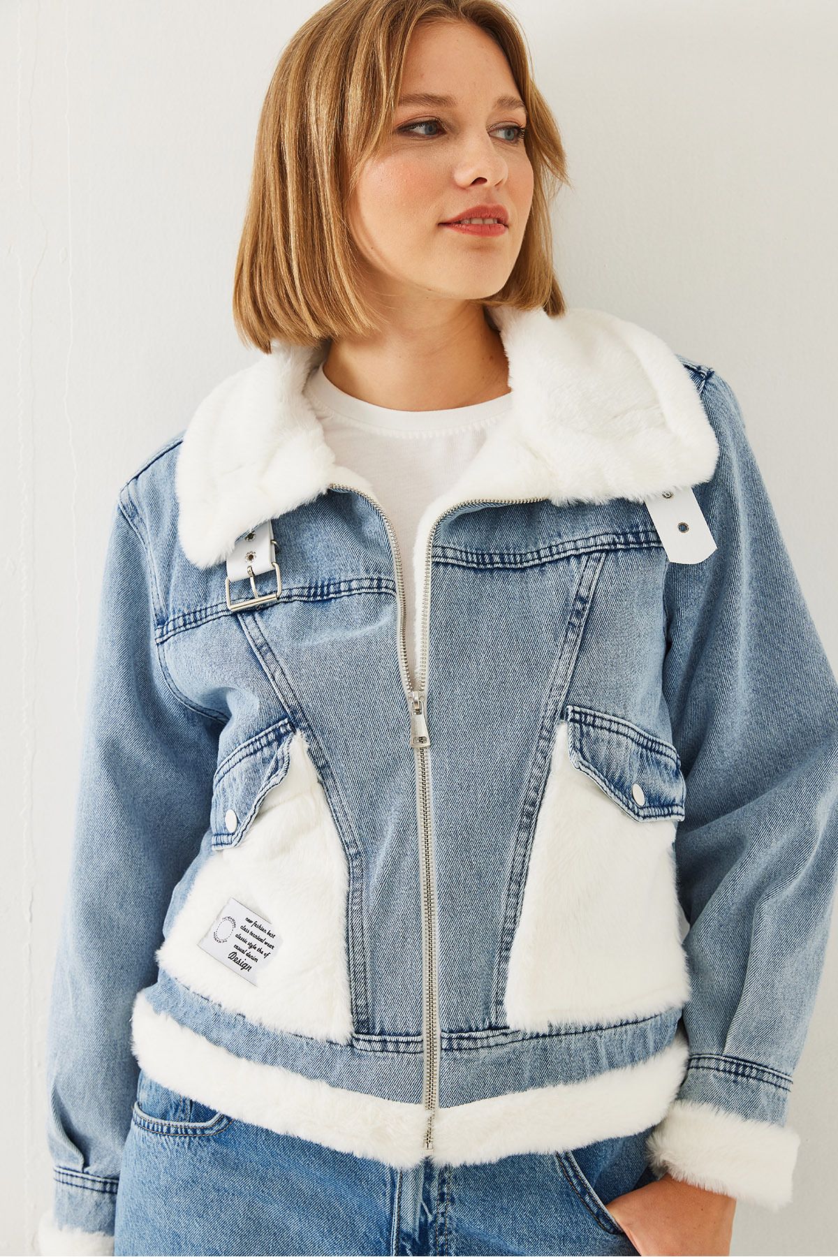 Bianco Lucci-Women's Belt Detailed Furry Denim Coat 2438 60251947 6