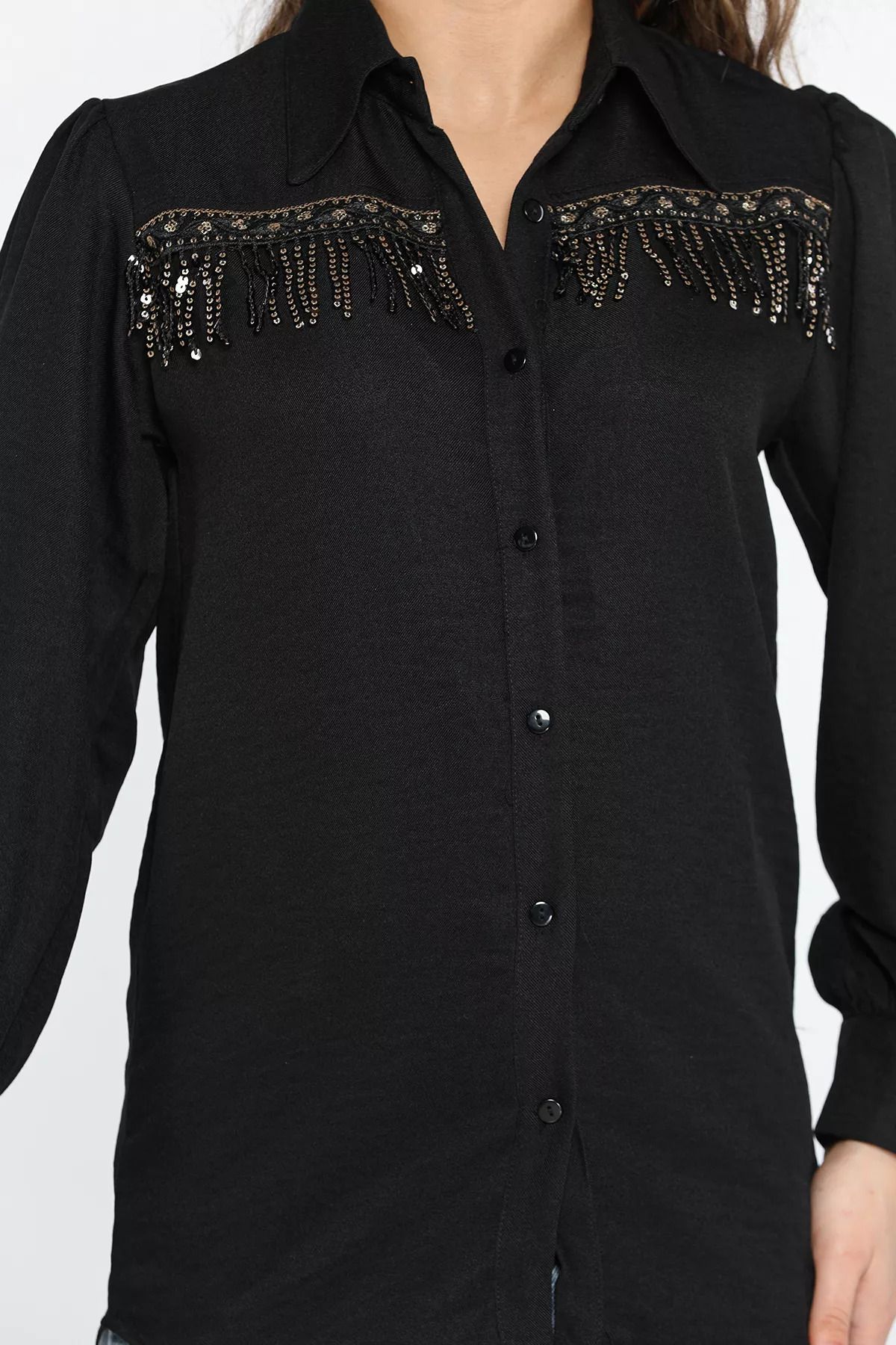 GÜLSELİ-Black Women's Sequin Detailed Tasseled Balloon Sleeve Shirt 1